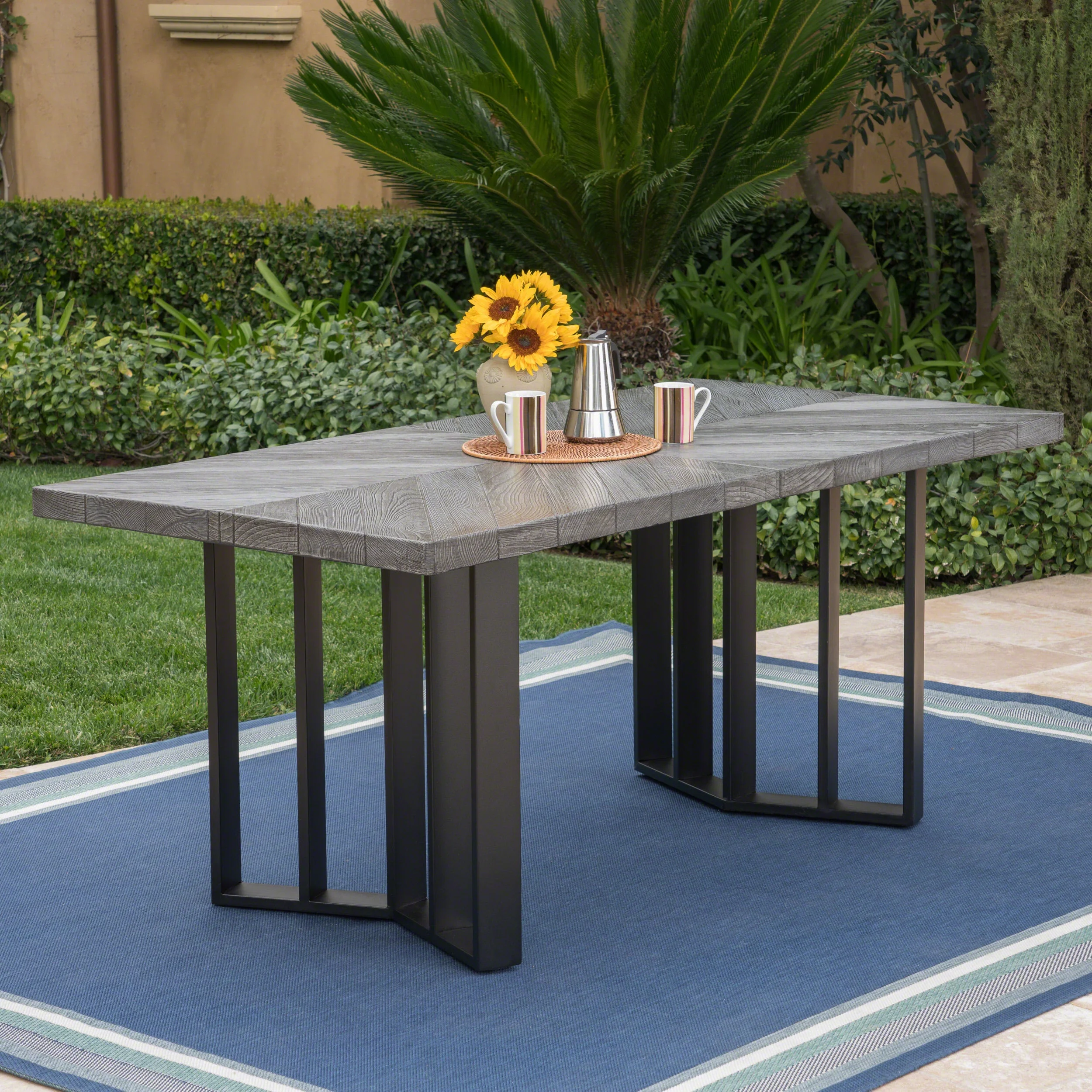 GDF Studio Camden Outdoor Lightweight Concrete Dining Table, Textured Gray Oak and Black
