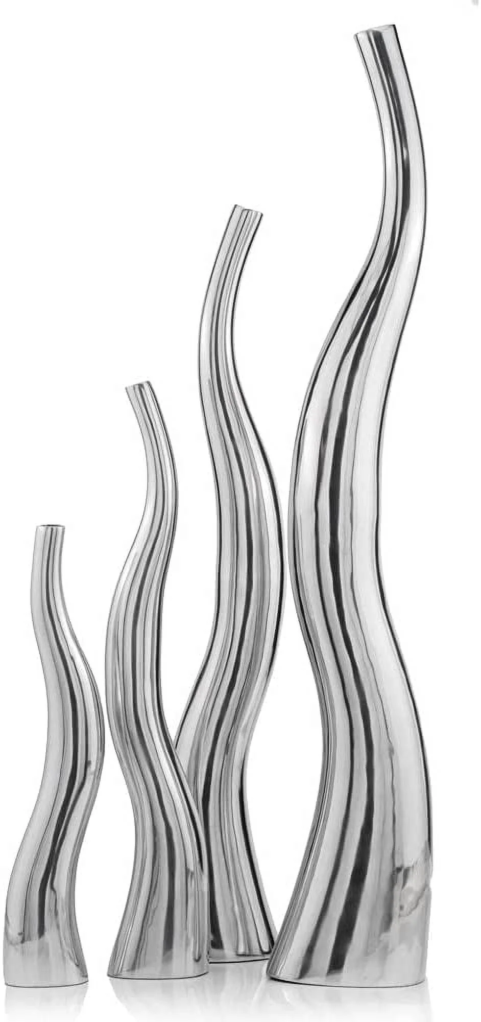 6586 Curva Tall Wiggly Vases Set Of 2, Silver, Aluminum, Contemporary, Modern, Popular, Glam, Floor Standing, Large 6