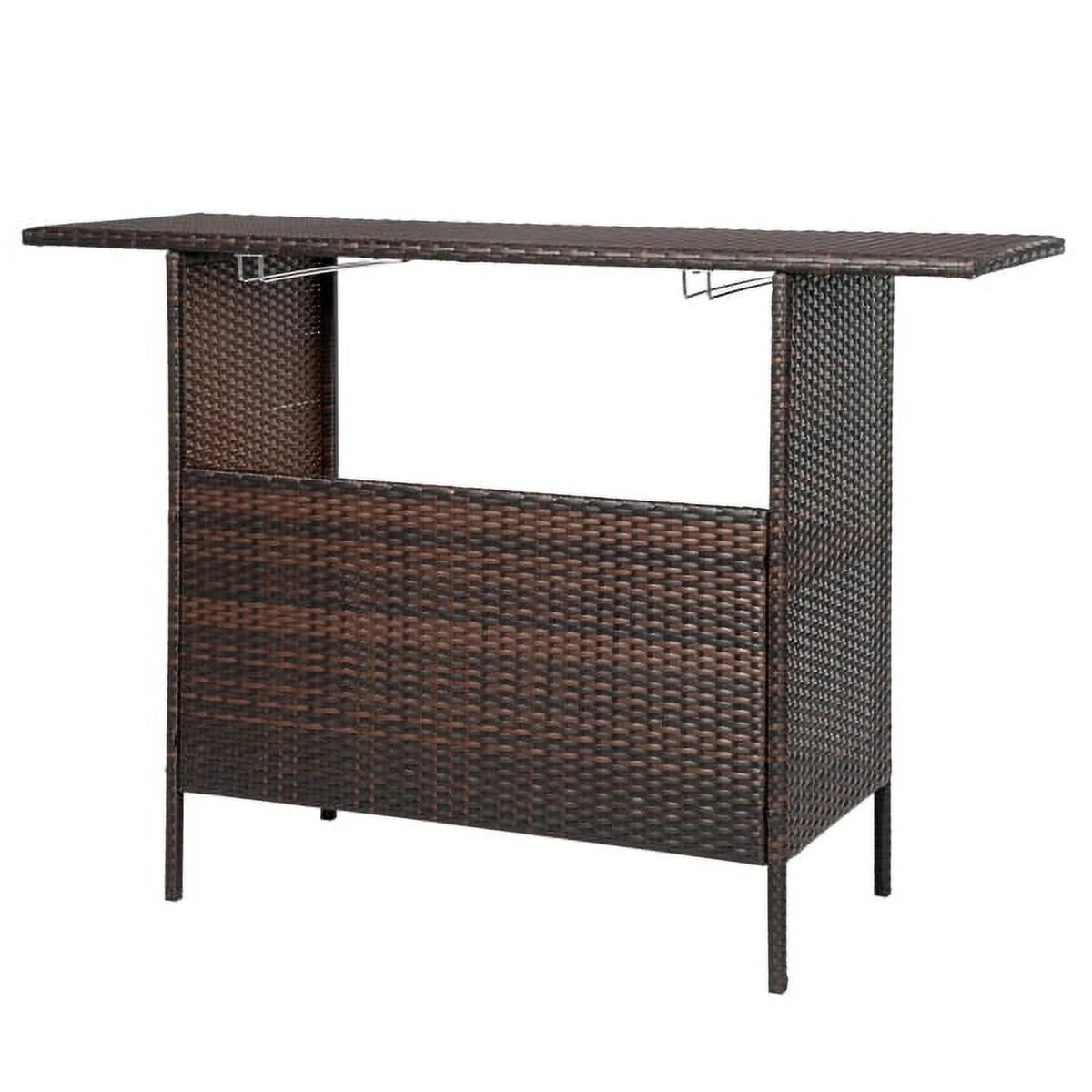 SYTHERS Wicker Outdoor Bar Table with 2 Steel Shelves, Rattan Patio Storage for Backyard, Poolside, Garden, Brown