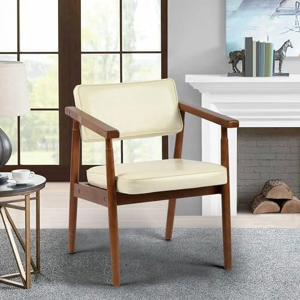 HYHBIBOOM Mid Century Dining Chairs with Wooden Handrail  Beige Fabric Upholstered Faux Leather Armchair Comfy Backrest Modern Kitchen Chairs for Bedroom Living Room Dining Room