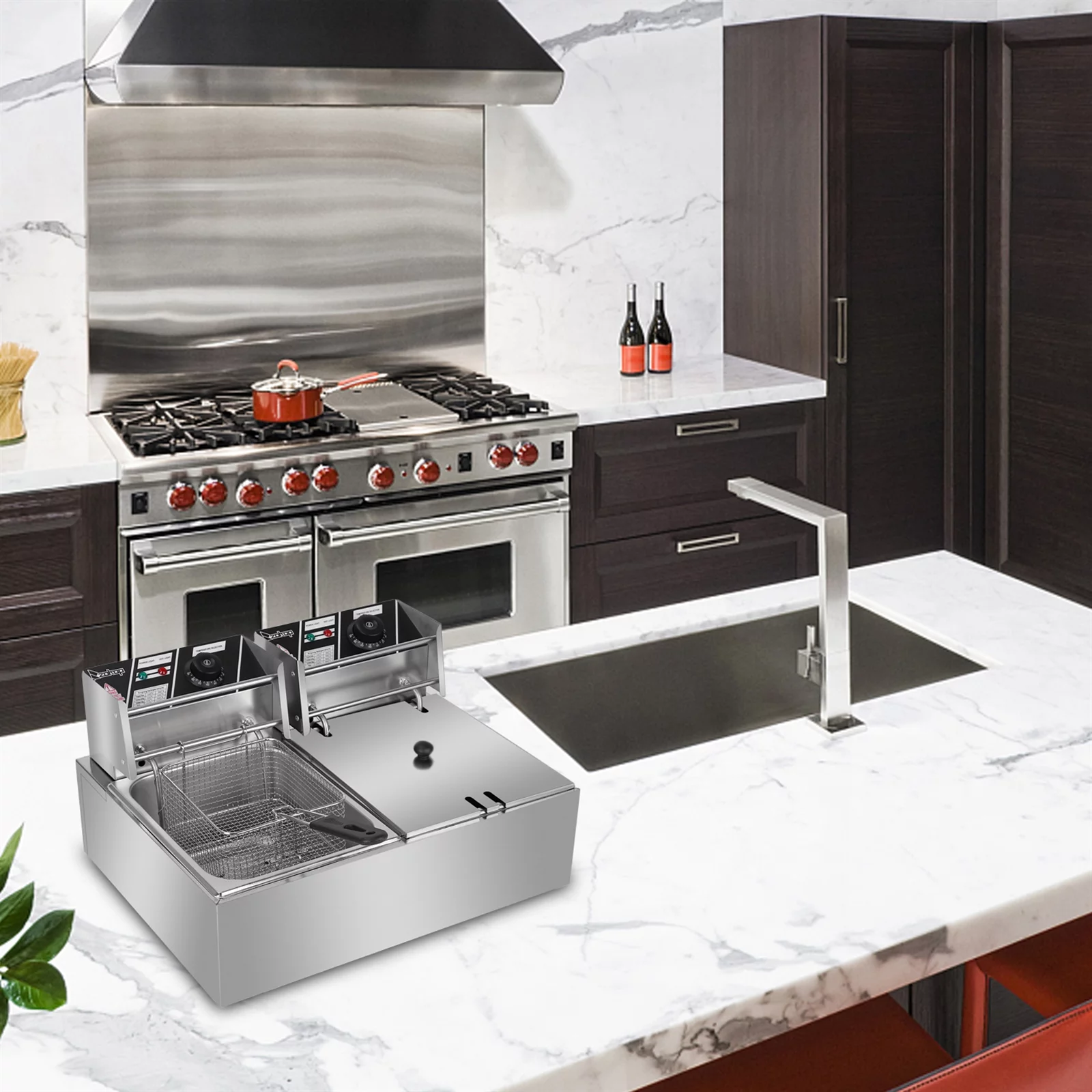 【Replace the old encoding 26280116】EH82 5000W MAX  12.7QT/12L Stainless Steel Double Cylinder Electric Fryer US Plug