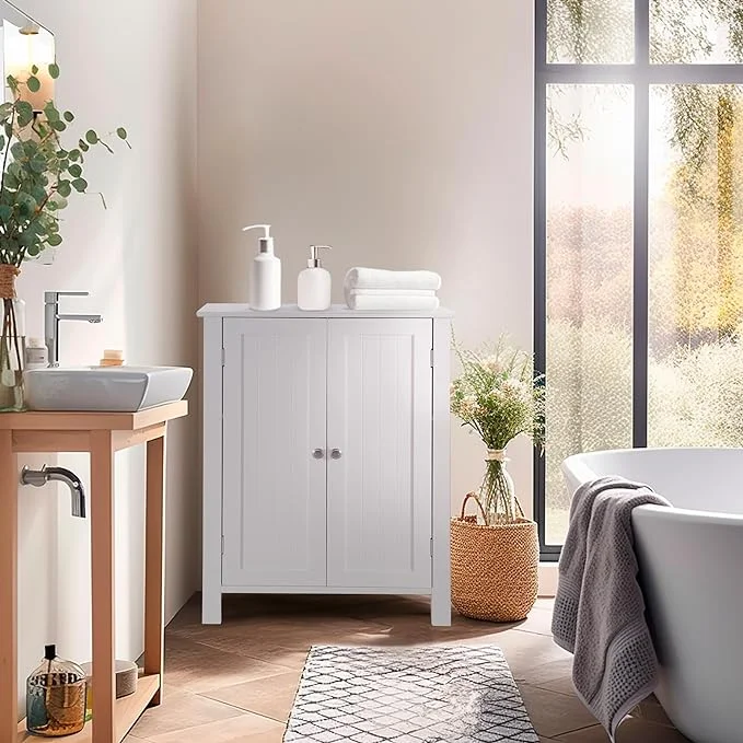 Bathroom Floor Cabinet, 3-Tier Storage Cabinet with Double Door & Adjustable Shelf, Wooden Bathroom Cabinet for Home Office, Modern Home Furniture, 23.62 x 11.81 x 31.50 inches, White