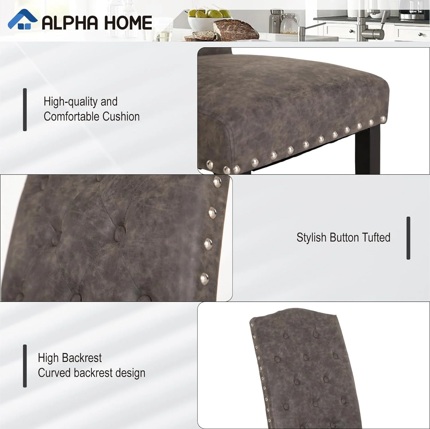 Dining Chairs Set Of 2, Upholstered Dining Room Chairs, Tufted Kitchen Chairs With Solid Wood Legs And Tall Backrest, Faux Leather Padded Parson Chairs, Grey