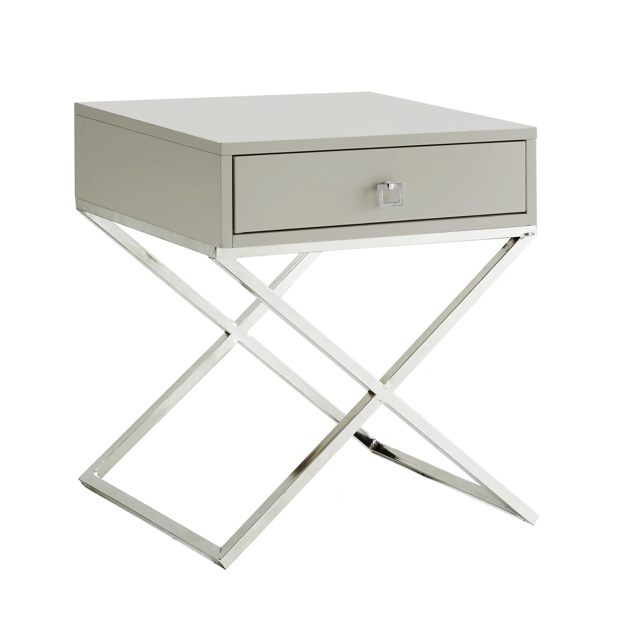 Jakob Light Grey Side Table - Square Lacquer-Finish Chrome, X-Metal Leg,