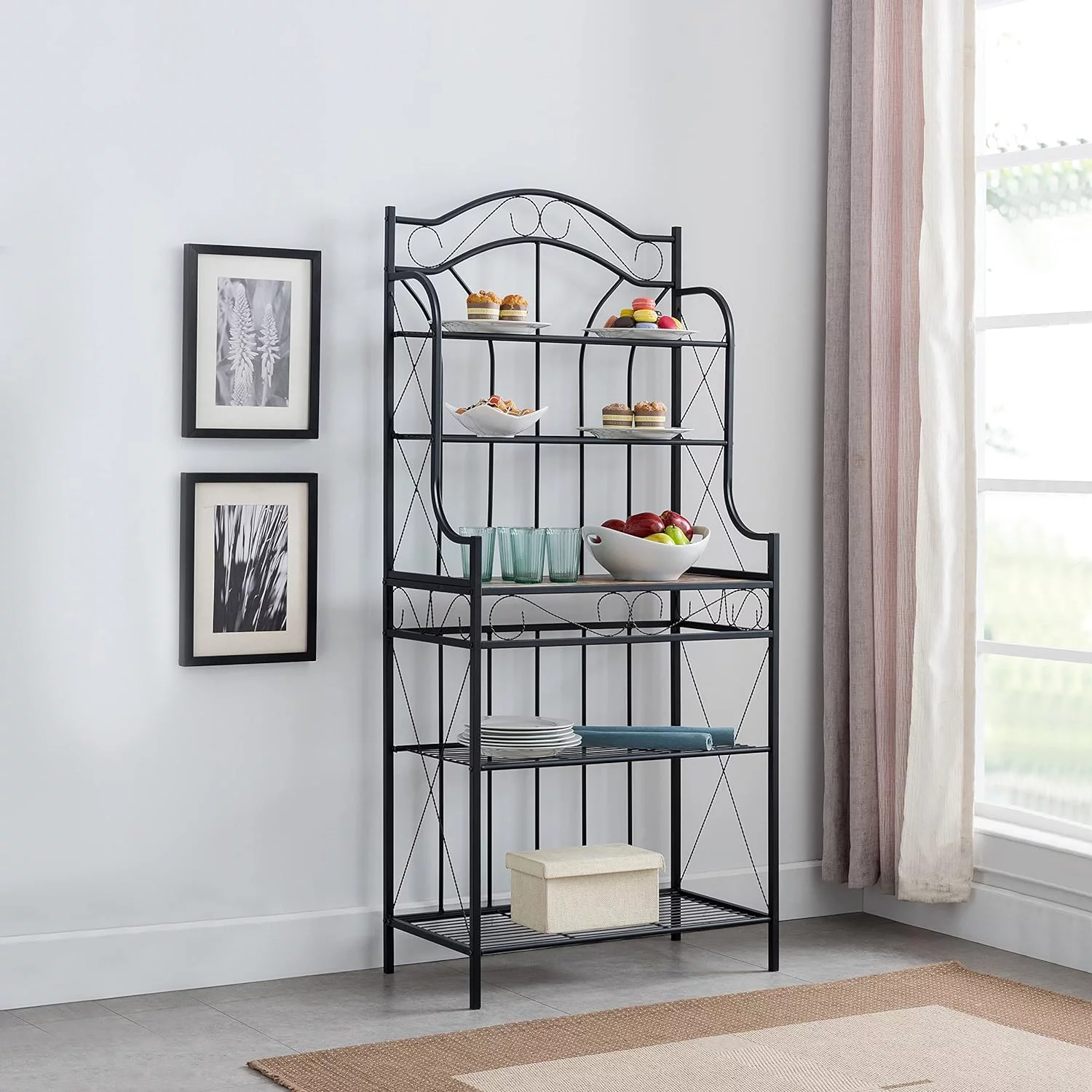 5-Tier Black Metal And Faux Stone Kitchen Storage Standing Bakers Rack