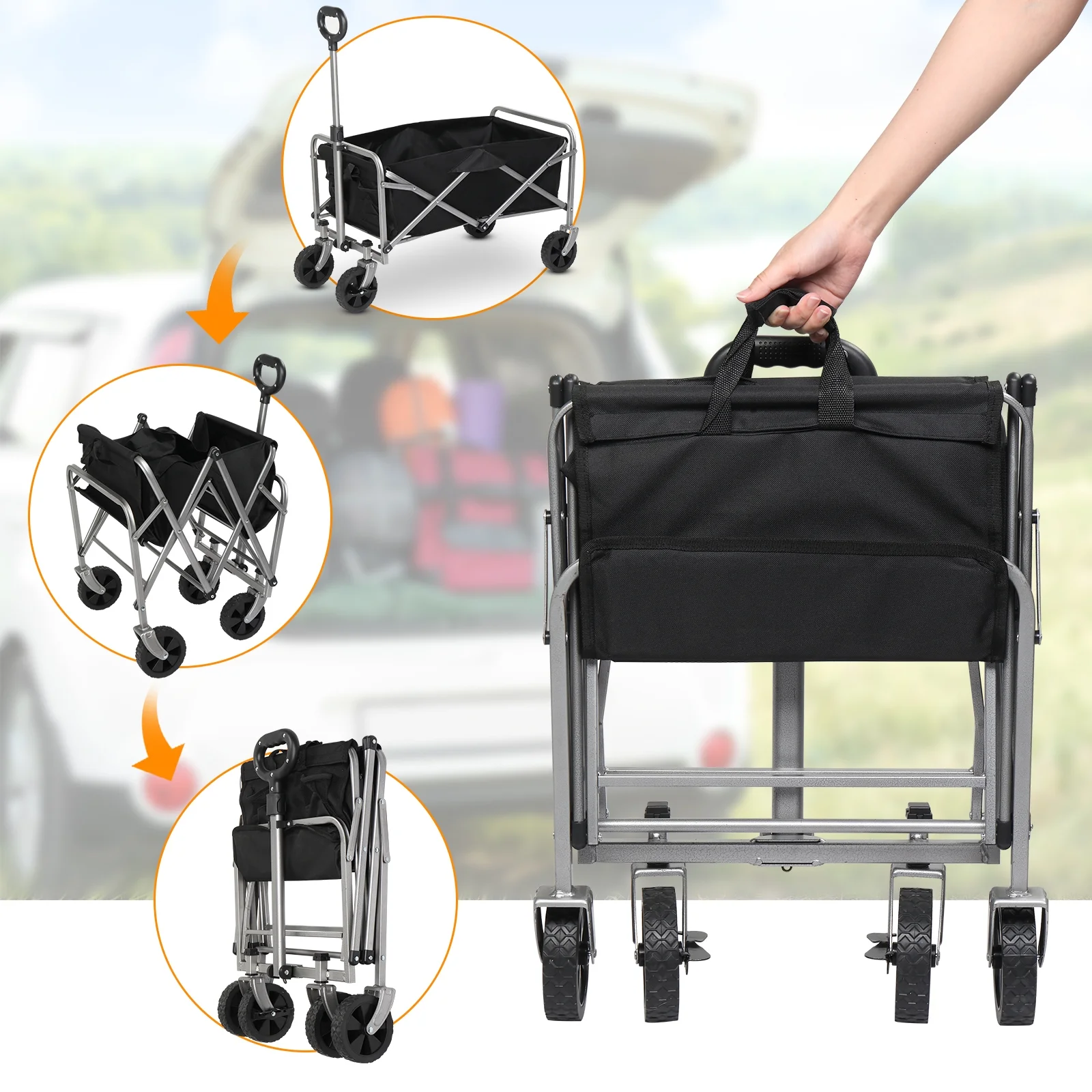 Collapsible Folding Wagon Cart,Kepeak Heavy Duty Utility Beach Wagon Cart with Wheels Foldable, 220LBS Large Capacity Foldable Grocery Wagon, Black(29.33 x 17.13 x 33.46)