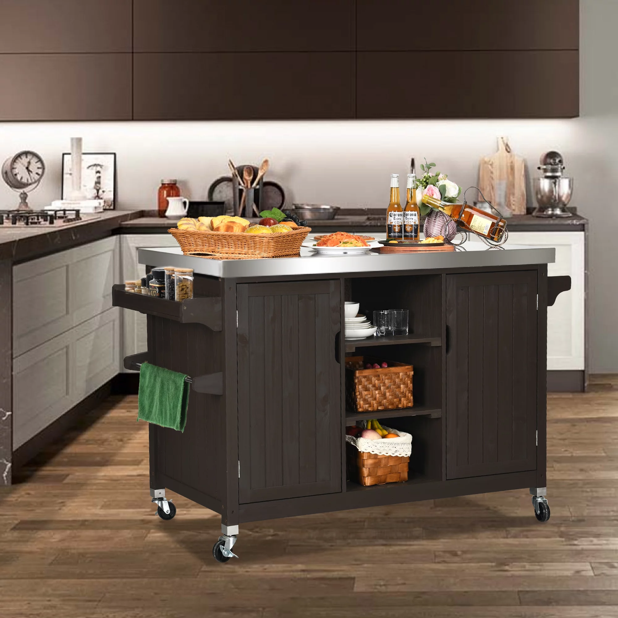 DWVO Outdoor Prep Table Grill Station, Solid Wood Movable Dining Cart Table, Dark Brown