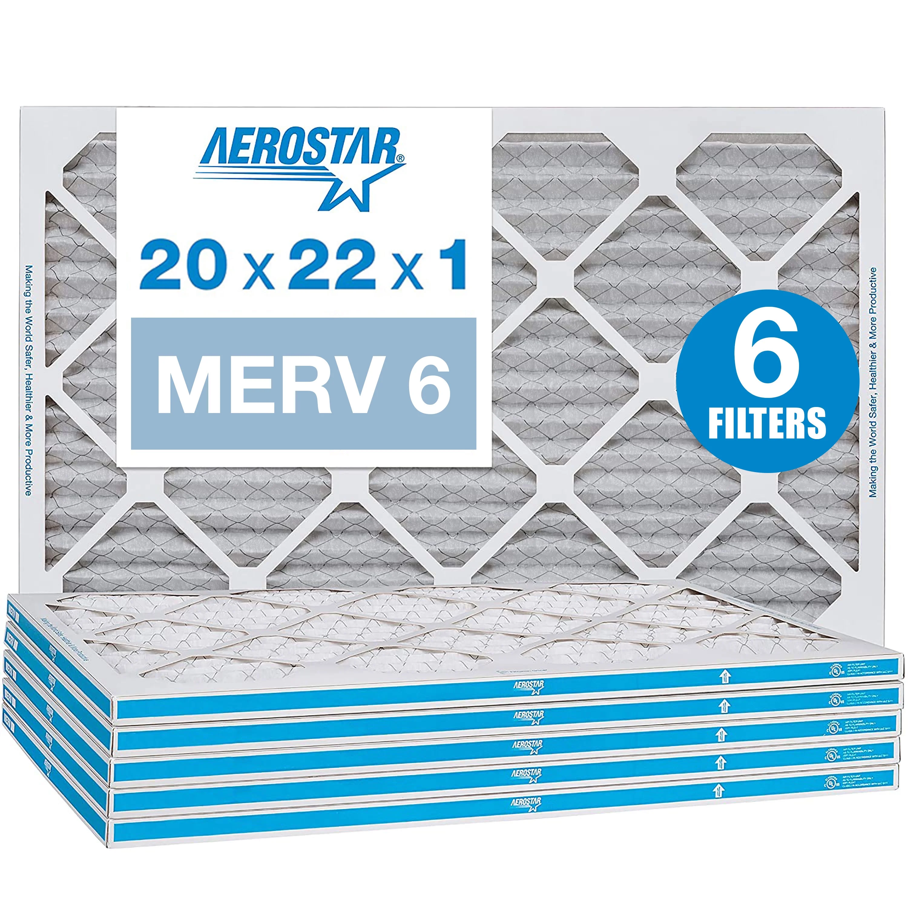 Aerostar 20x22x1 MERV 6 Pleated Air Filter, AC Furnace Air Filter, 6 Pack