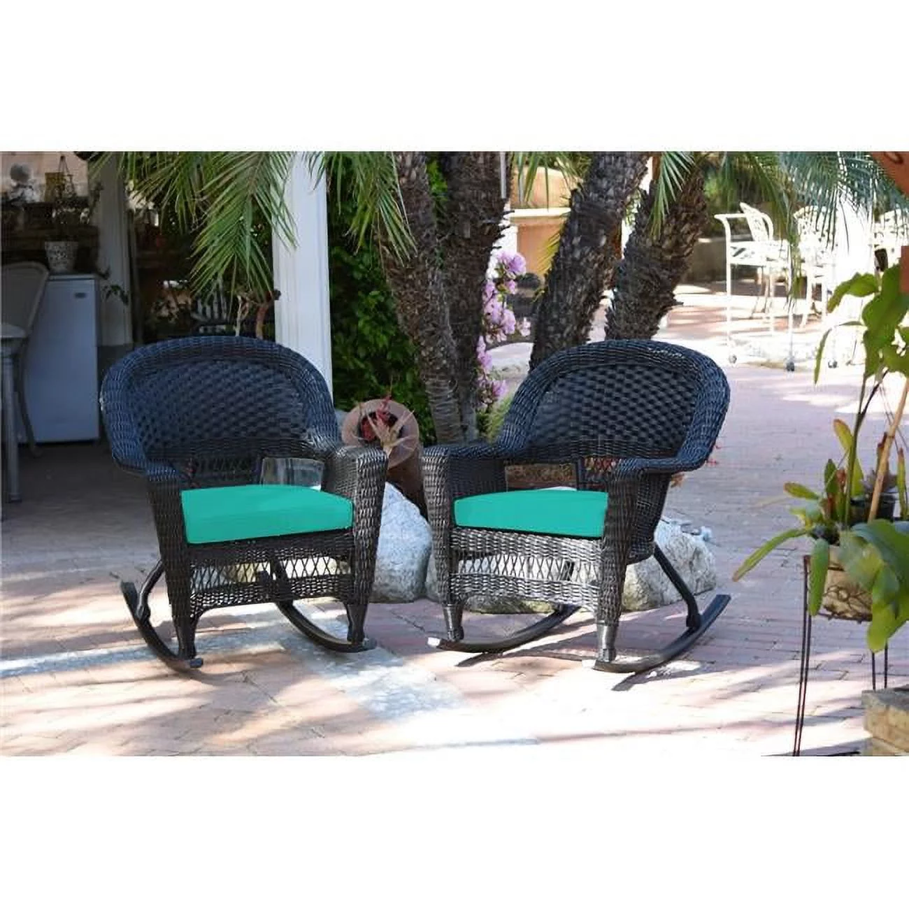 Jeco W00207R-D-2-FS032 Black Rocker Wicker Chair with Turquoise Cushion - Set of 2