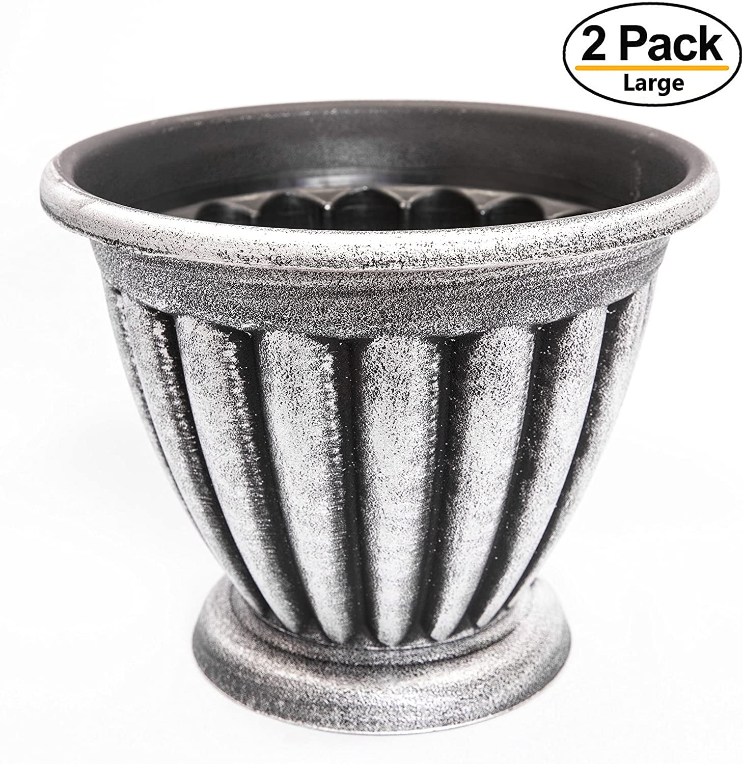 Set Of 2 Large Combination Rustic Look Heavy Duty Plastic Planter 14X11 Inches With Base, Flowerpot Nursery For Garden Patio Office Ornaments Home Decor Long Lasting Reusable Light Weight (Silver-C)