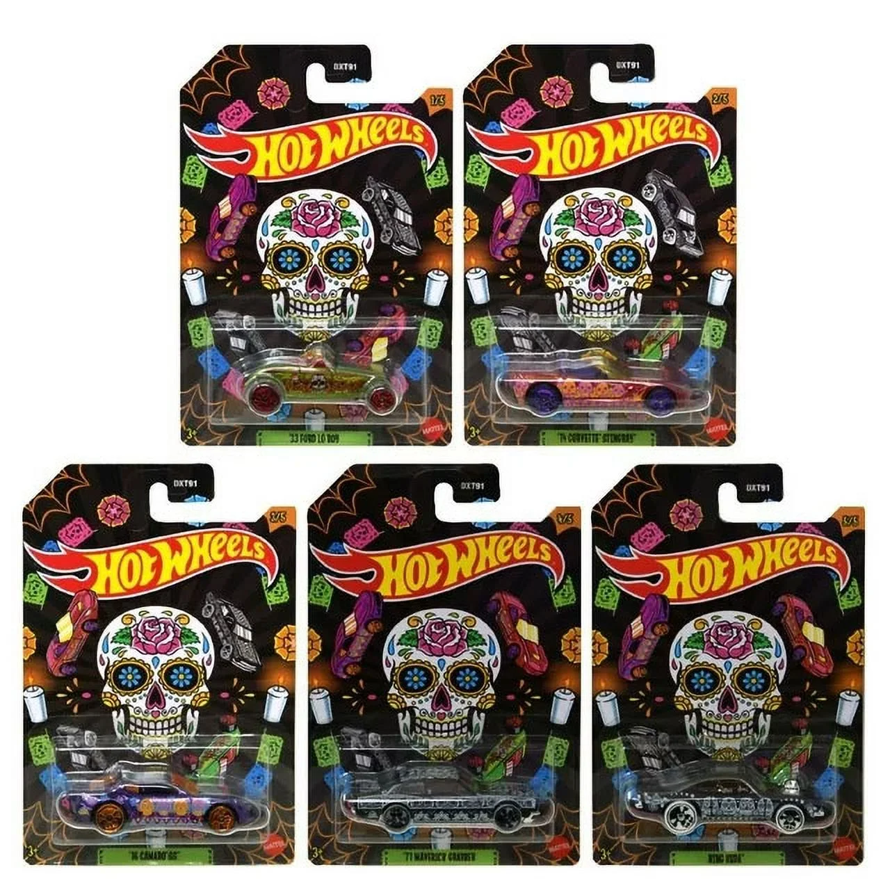 Mattel - Hot Wheels 2023 Dia De Los Muertos Series - SET OF 5 [Camaro SS, Corvette, King Kuda +2]