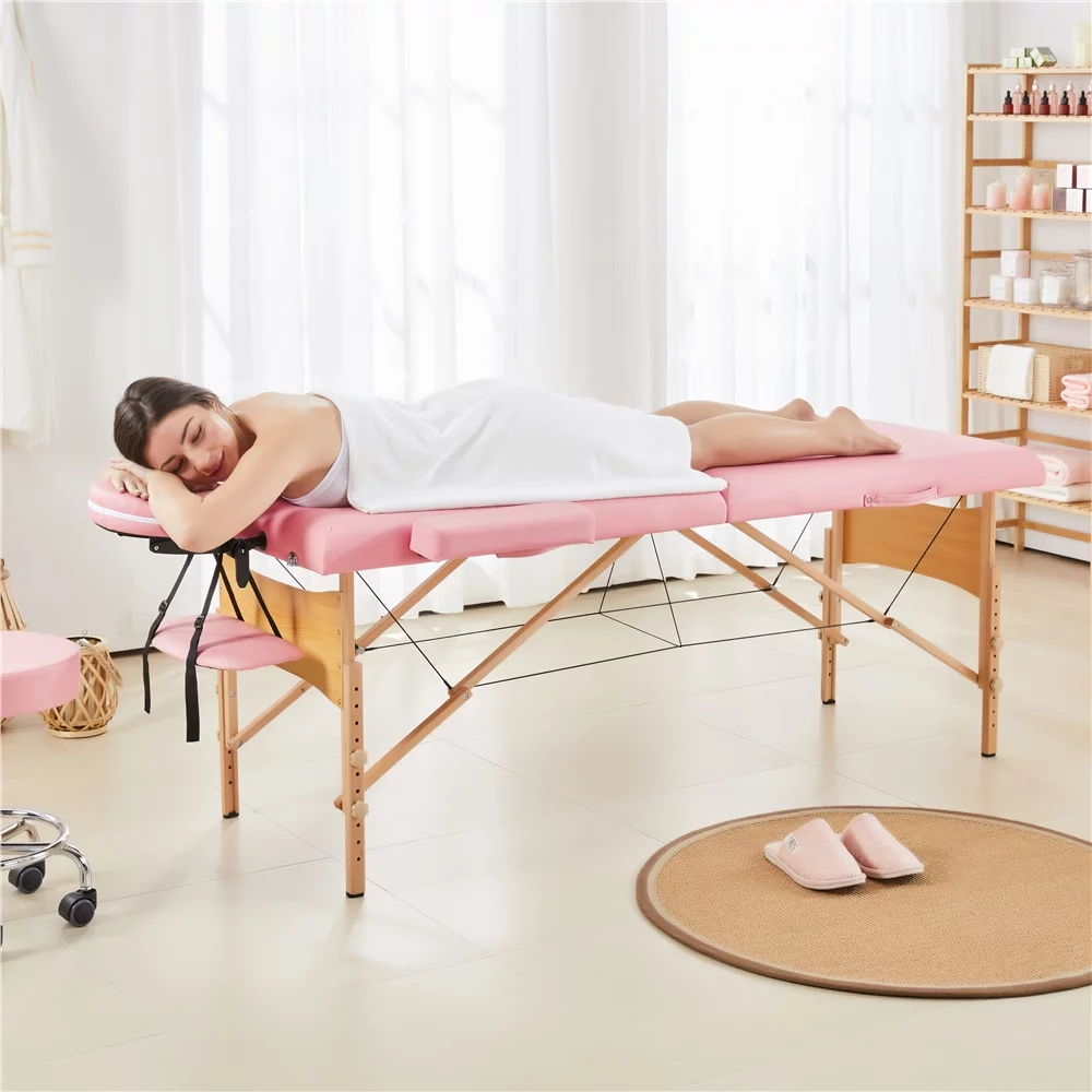 Easyfashion 2 Sectional Adjustable Folding Massage Table, Maximum Weight Capacity 220 lb,Pink