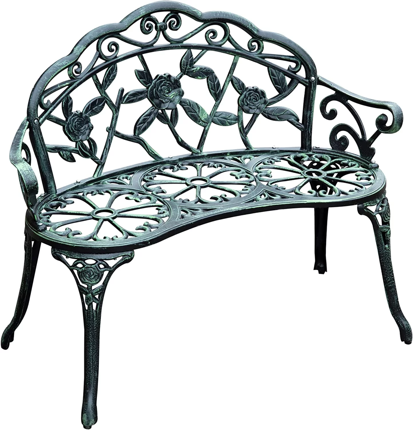 Outdoor Bench, Cast Aluminum Outdoor Furniture, Metal Bench with Floral Rose Accent & Antique Finish, Green