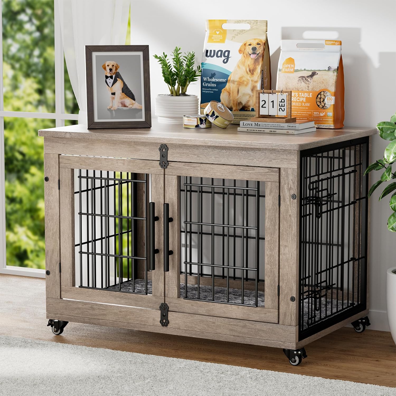 Dog Crate Furniture with Cushion, Wooden Dog Kennel with Double Doors, Heavy Duty Dog Cage End Table with Wheels, Dog House Indoor for Small Medium Dogs up to 45 lb, 32.5” L, Grey