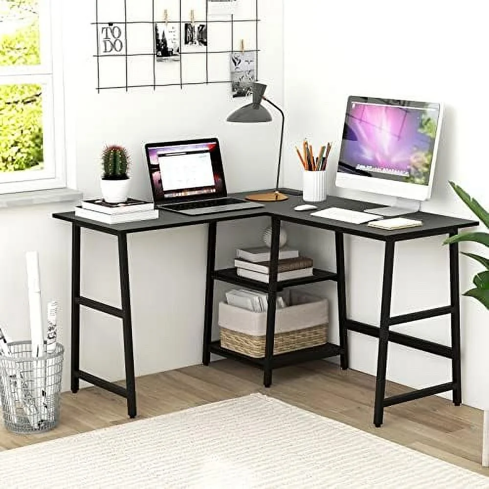 CHTYVC 48\u201D L Shaped Computer Desk  Corner Study Writing Desk with Outlets & USB Ports  Home Office Desk Computer Workstation with 2-Tier   Executive Desk (Black)