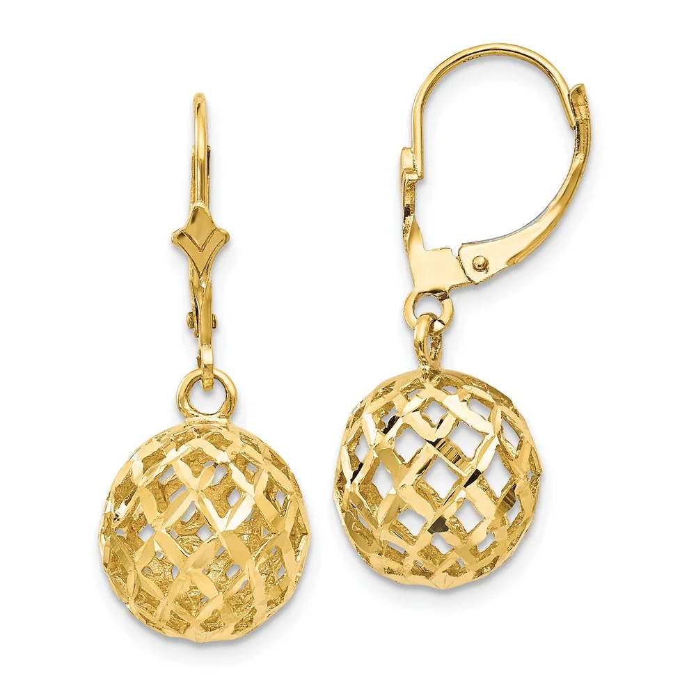 Primal Gold 14 Karat Yellow Gold Polished and Diamond-Cut Mesh Ball Dangle Leverback Earrings