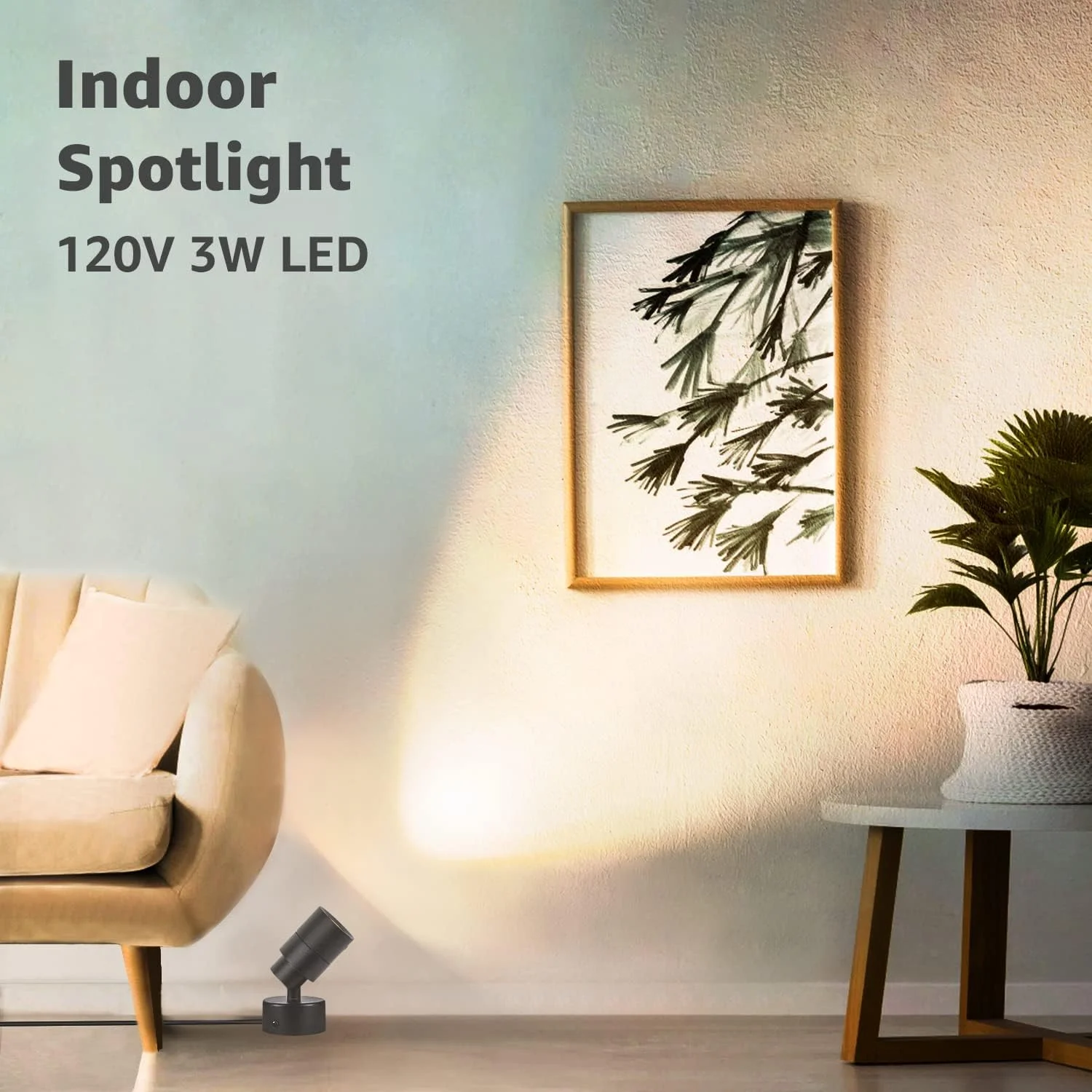 2 Pack LED Spot Lights Indoor, 3W Up Indoor Floor Spotlight, 120V Plant Spotlight 3000K Uplights Accent Lighting for Plants Pictures Artwork, 5.9 FT Cord with Foot Switch, Black