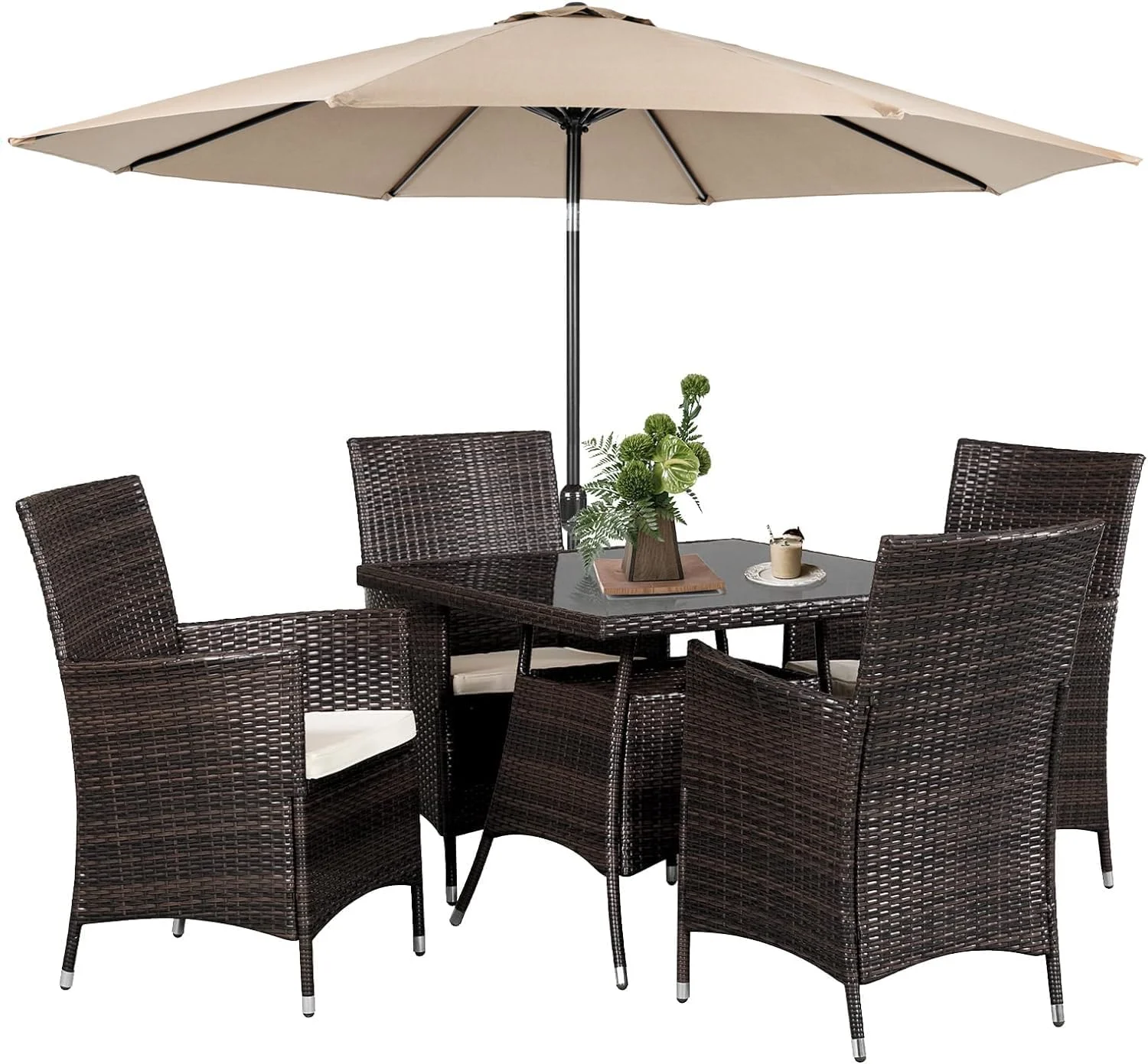 SUNCROWN 5 Piece Outdoor Dining Set All-Weather Wicker Patio Dining Table and Chairs with Cushions  Tempered Glass Tabletop with 9 FT Patio Umbrella for Patio Backyard Porch Garden Poolsi