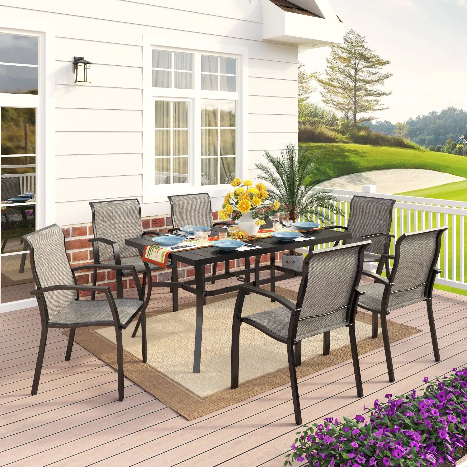 MF Studio 7-Piece Outdoor Patio Dining Set with Ultralight Aluminum Armchairs&Large Table, 6 Breathable Seats for Dinner&Summer, Gray&Black