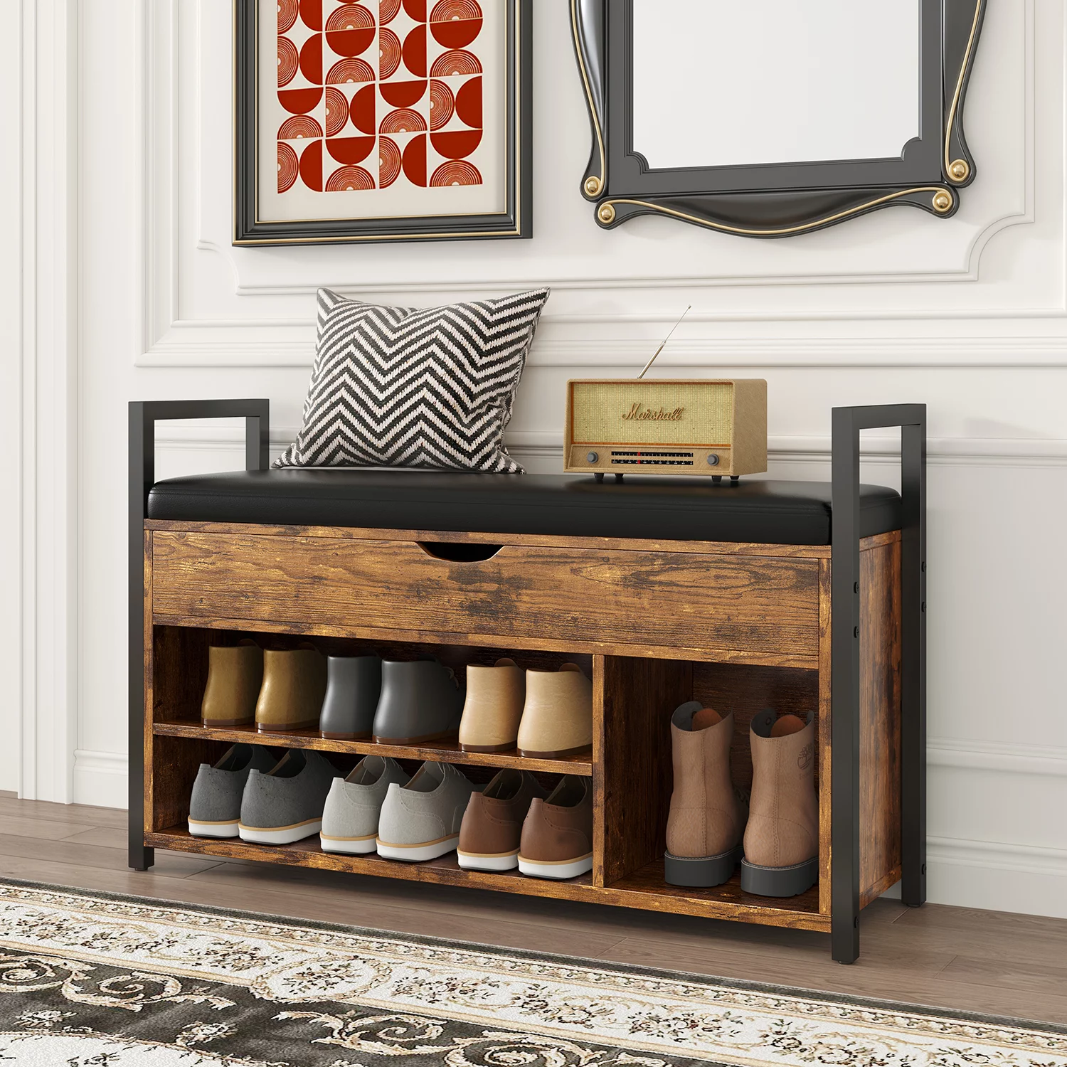 2 Tier Hallway Shoe Bench Entryway Storage Natural Solid Wood Organizer Rack, Black