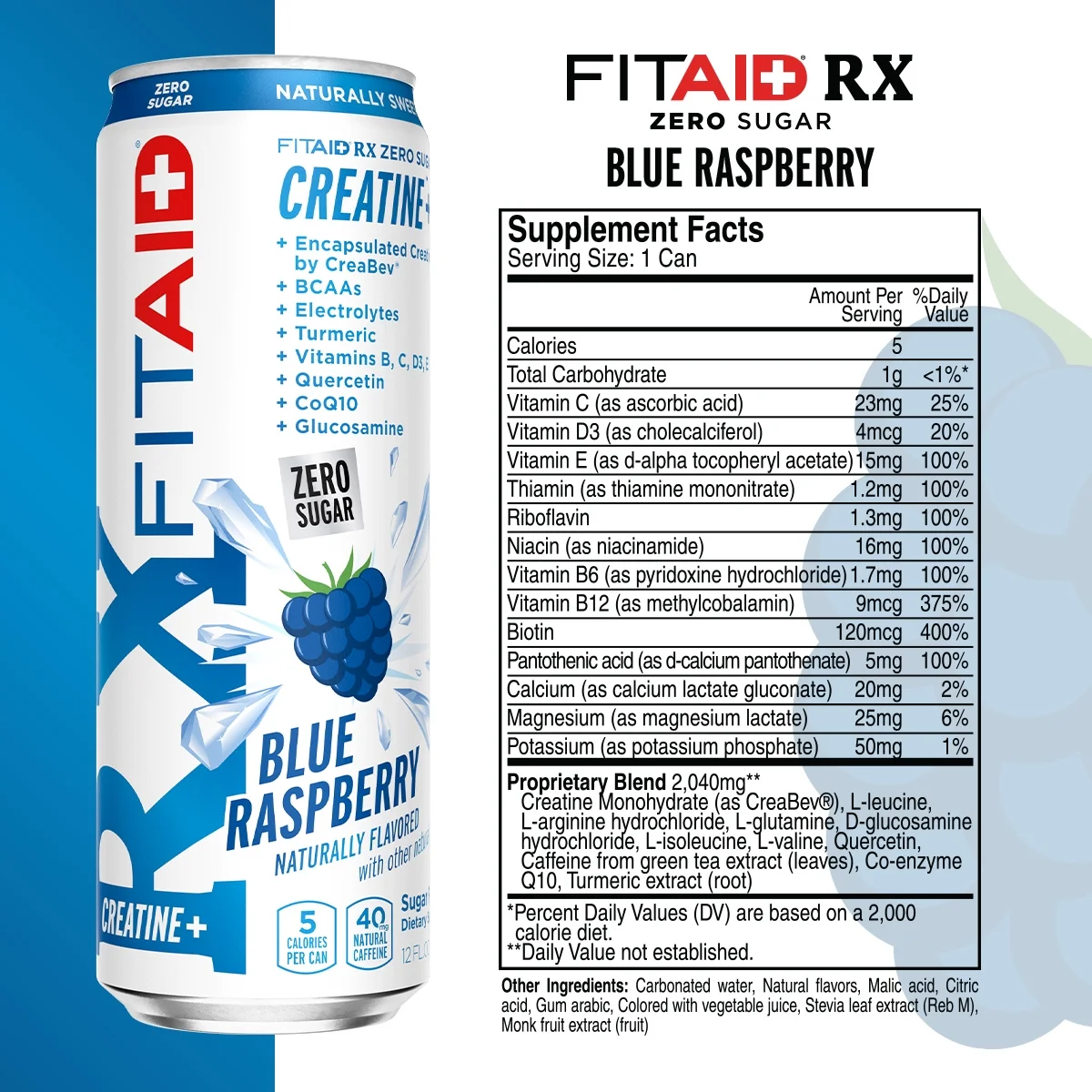 FITAID RX Zero Sugar, Encapsulated Creatine, Workout Recovery Drink, All-In-One Blend, BCAAs, Glucosamine, Turmeric, B-Complex, Naturally Sweetened, Blue Raspberry, 12 Fl Oz (Pack of 12)