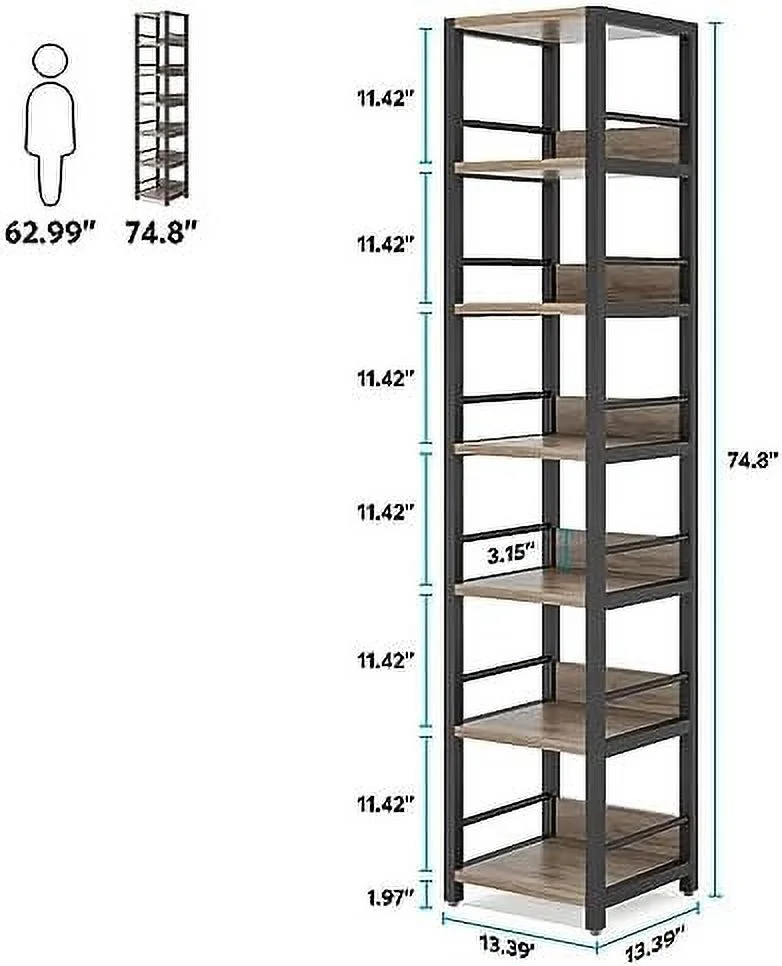 JYHOME 6-Tier Corner   75 Inch Tall Narrow Bookshelf  Rack  Etagere Shelves Display Stand for Small Spaces  Rustic Open Bookcase Corner Square  Tower for Living Room