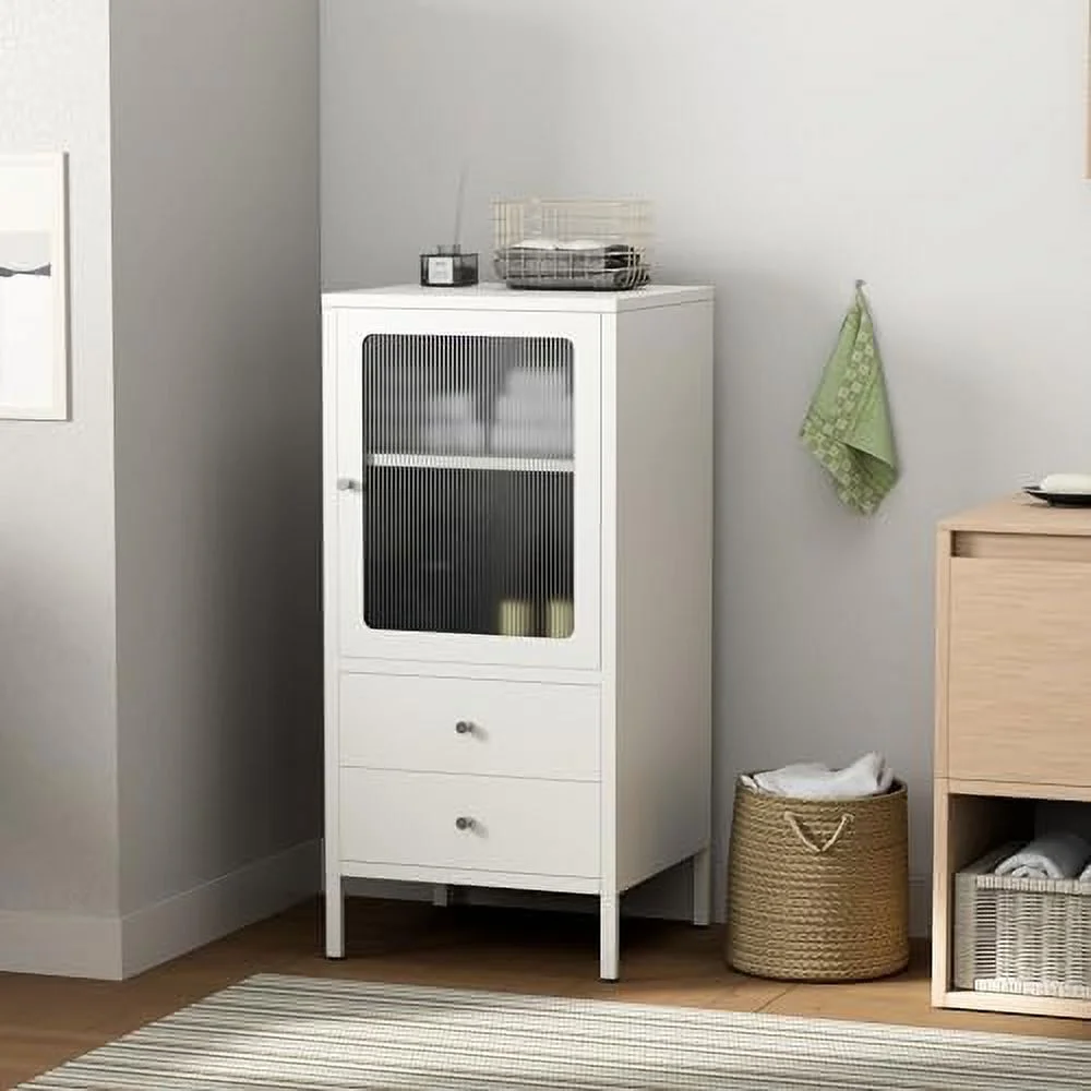 HBBOOMLIFE Bathroom Floor  Cabinet  Freestanding Metal Bathroom Cabinet with Adjustable Shelves and 2 Drawers  White