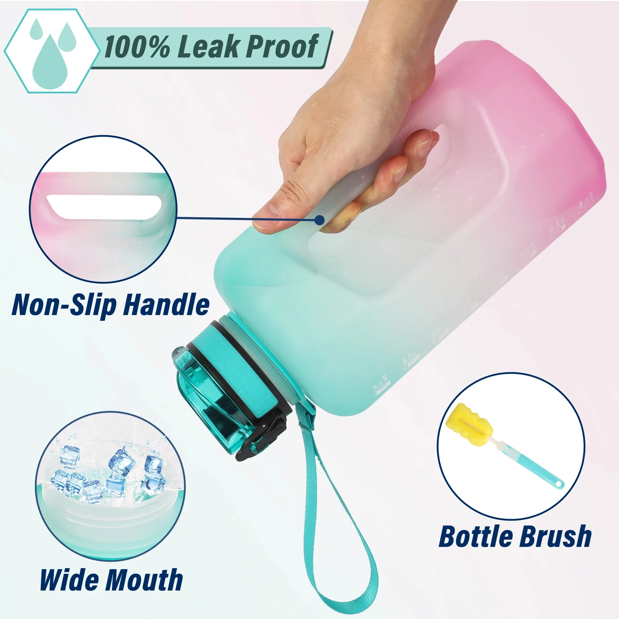 Large 2.2 Litre Water Bottle with Handle - BPA Free  Leak Proof and Motivational Time Quotes - Big Capacity Hydration Jug for Gym and Fitness