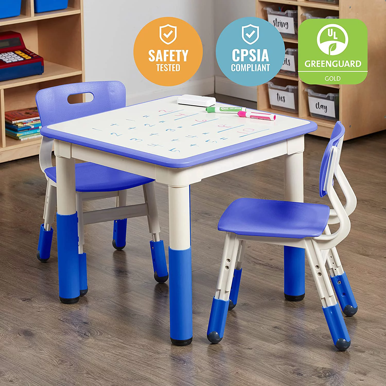OUWI Dry-Erase Square Activity Table with 2 Chairs, Adjustable, Kids Furniture, Blue, 3-Piece