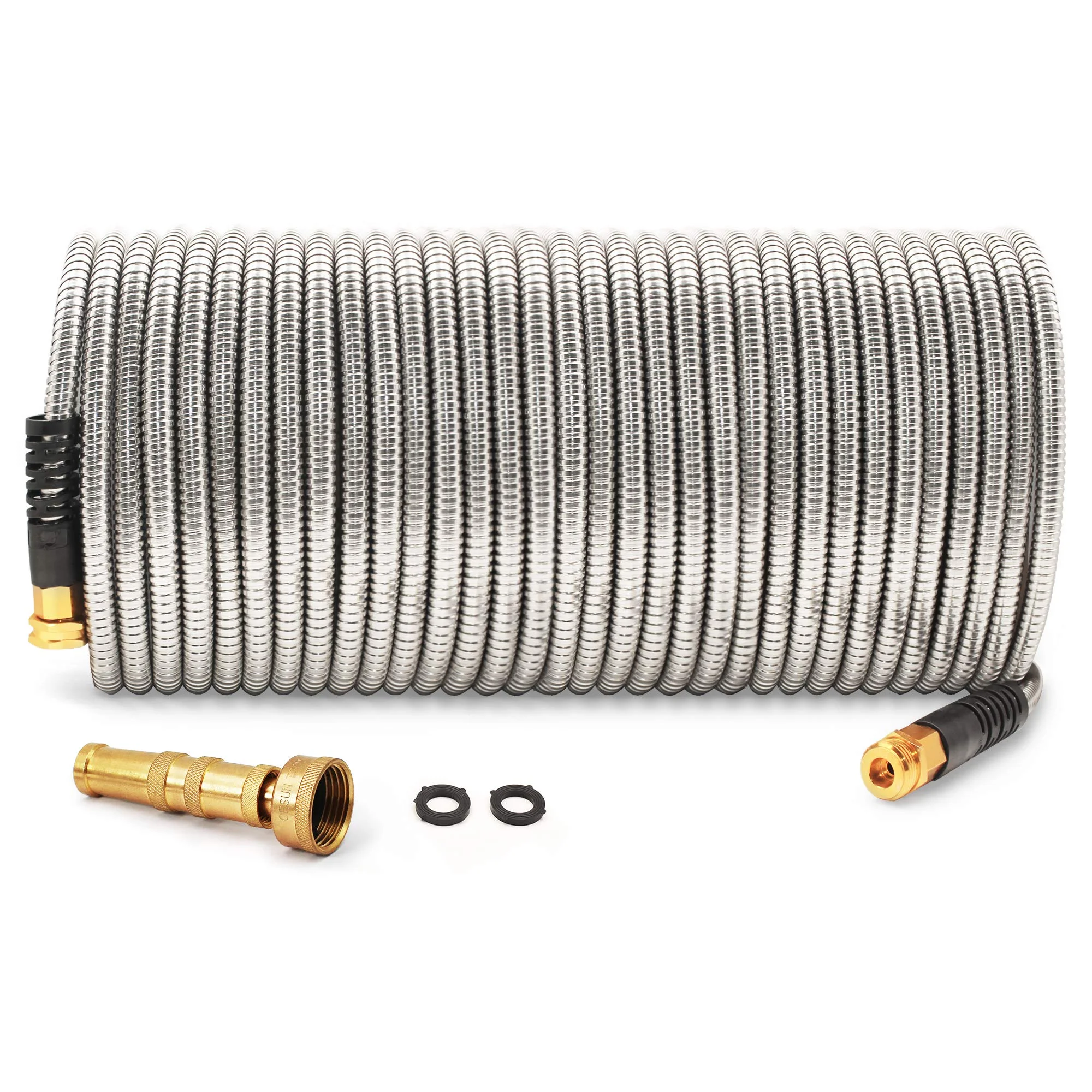 Cesun Metal Garden Hose 100 foot - 304 Stainless Steel Water Hose, Flexible, Lightweight and No-Kink Metal Hose with Brass Nozzle for Outdoor, Yard