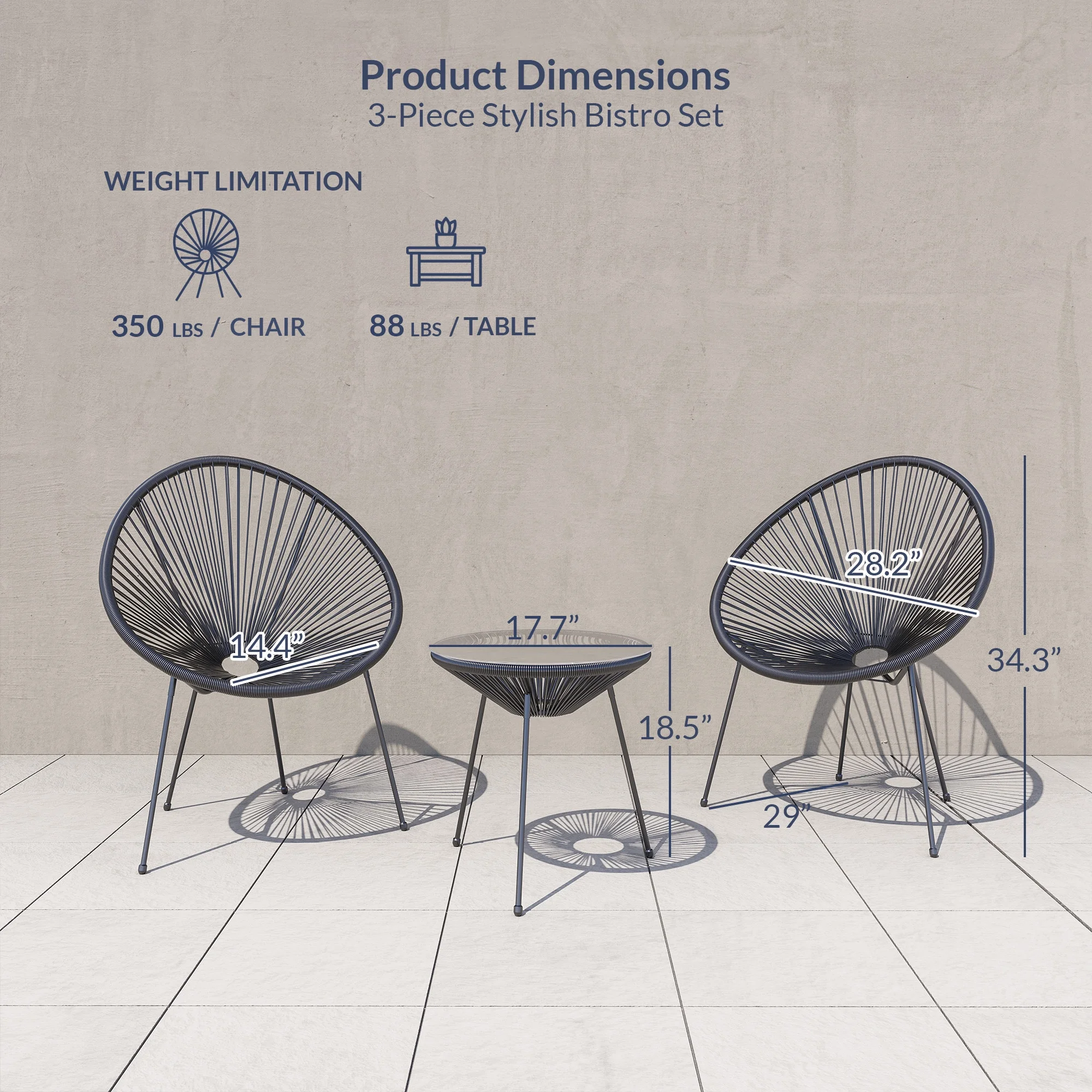 BELLEZE 3-Piece All Weather Acapulco Set Patio Conversation Bistro Set Outdoor Furniture With Plastic Rope 2 Chairs and Glass Top Table, Black