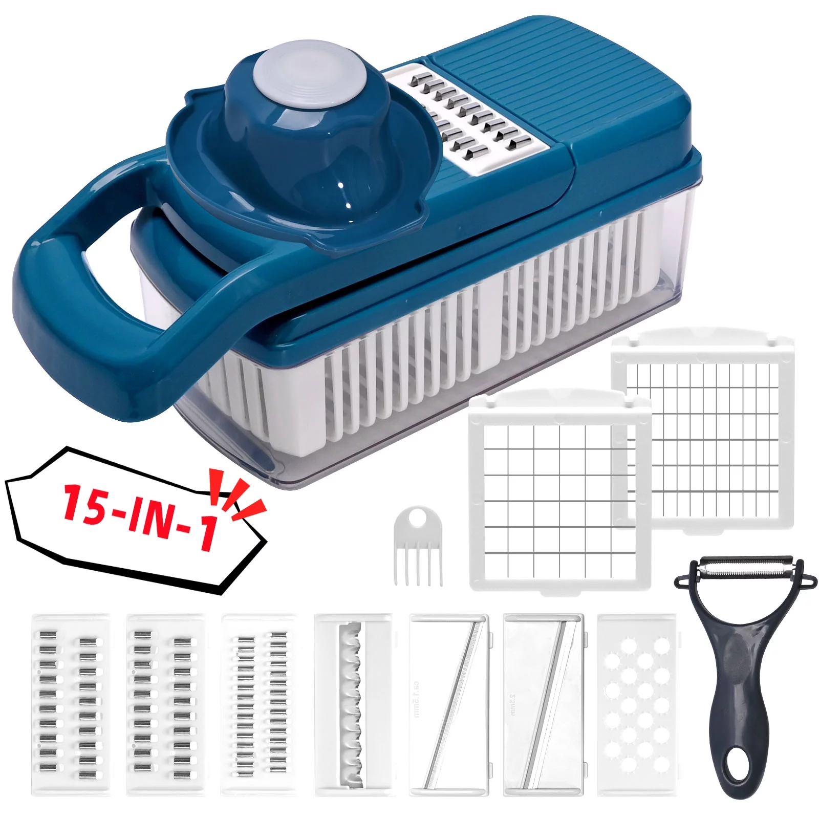 ZUDKSUY Pro Vegetable Chopper, 15-in-1 Multi-functional Onion Chopper, Vegetable Cutter Stainless Steel Blades, Vegetable Slicer Container, Mandoline Slicer, Dicer, Cutter Ideal for Fruits/Salads