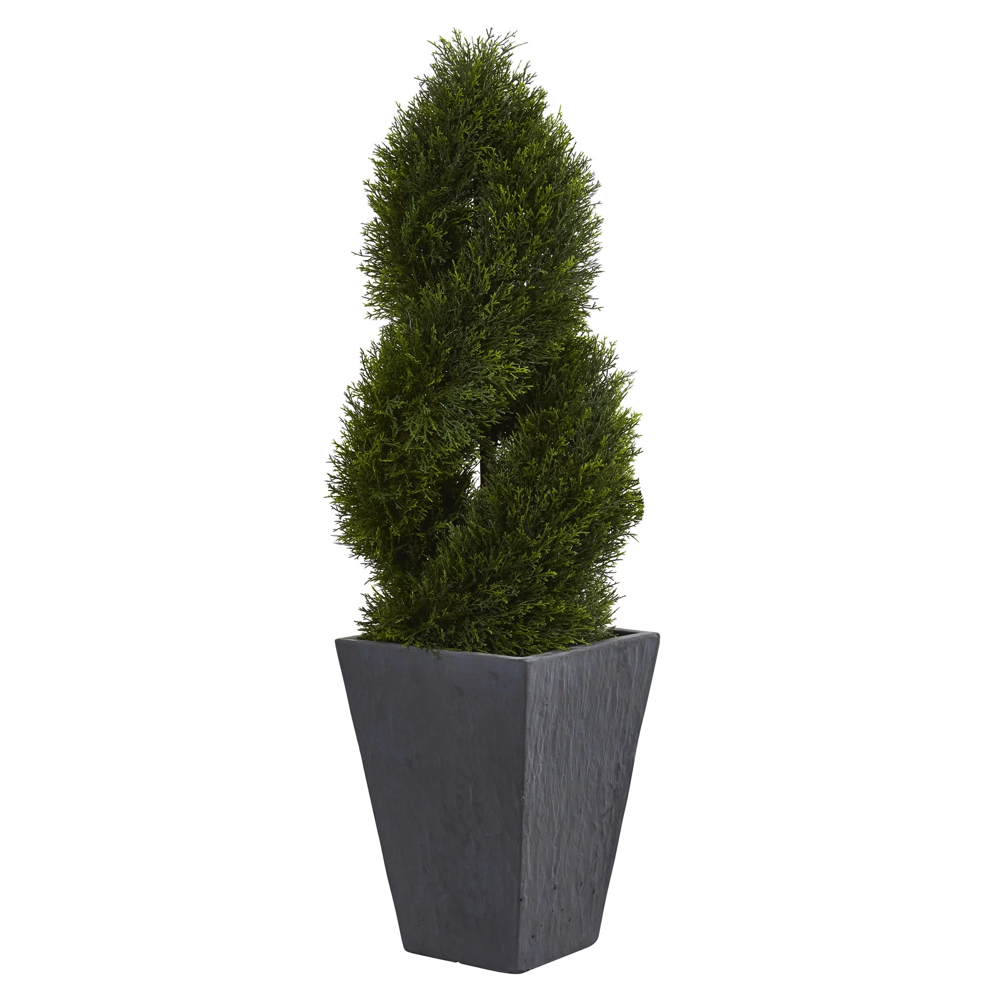 Nearly Natural 4' Cypress Double Spiral Topiary Artificial Tree in Slate Planter UV Resistant, Green