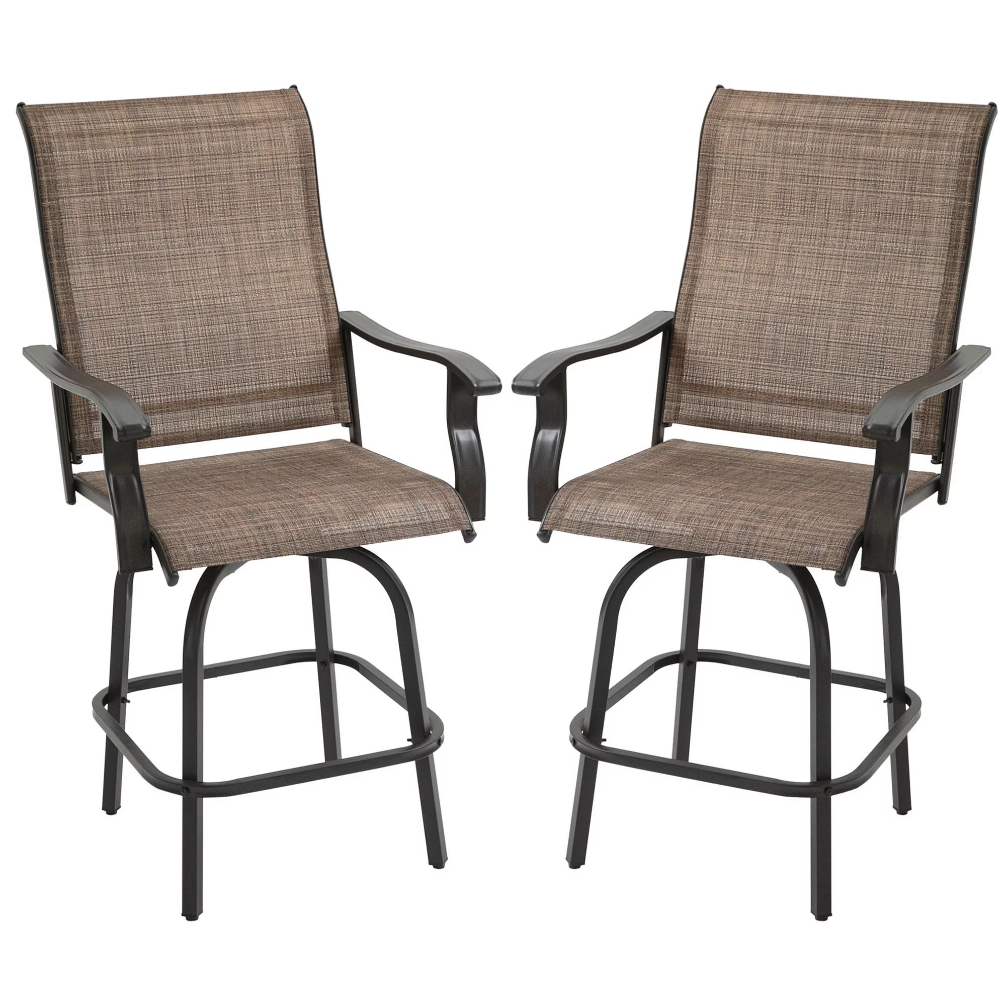 Homiyad Set of 2 Outdoor Swivel Bar Stools with Armrests, Bar Height Patio Chairs with Steel Frame for Balcony, Poolside, Backyard, Brown