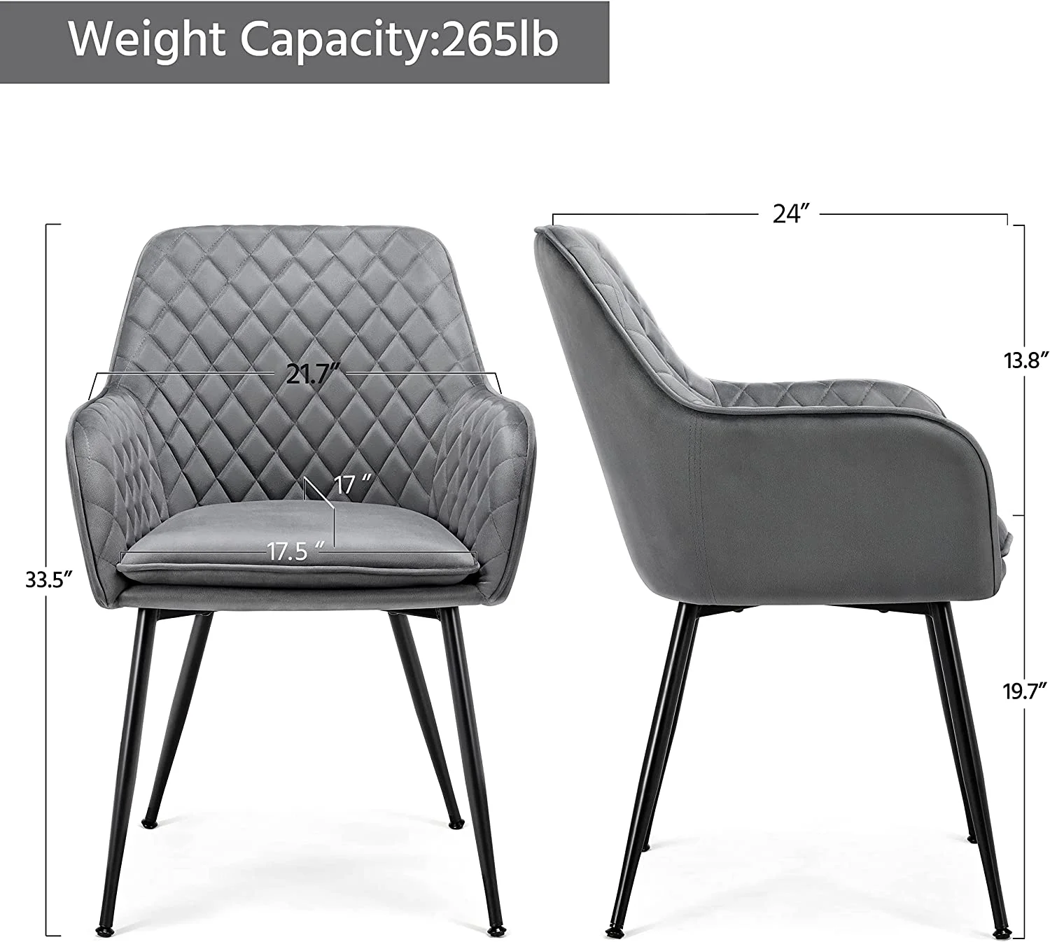 TJUNBOLIFE Dining Chairs Armchairs Velvet Upholstered Side Chairs Modern Chairs with Steel Legs Kitchen Dining Room Living Room Gray 2pcs
