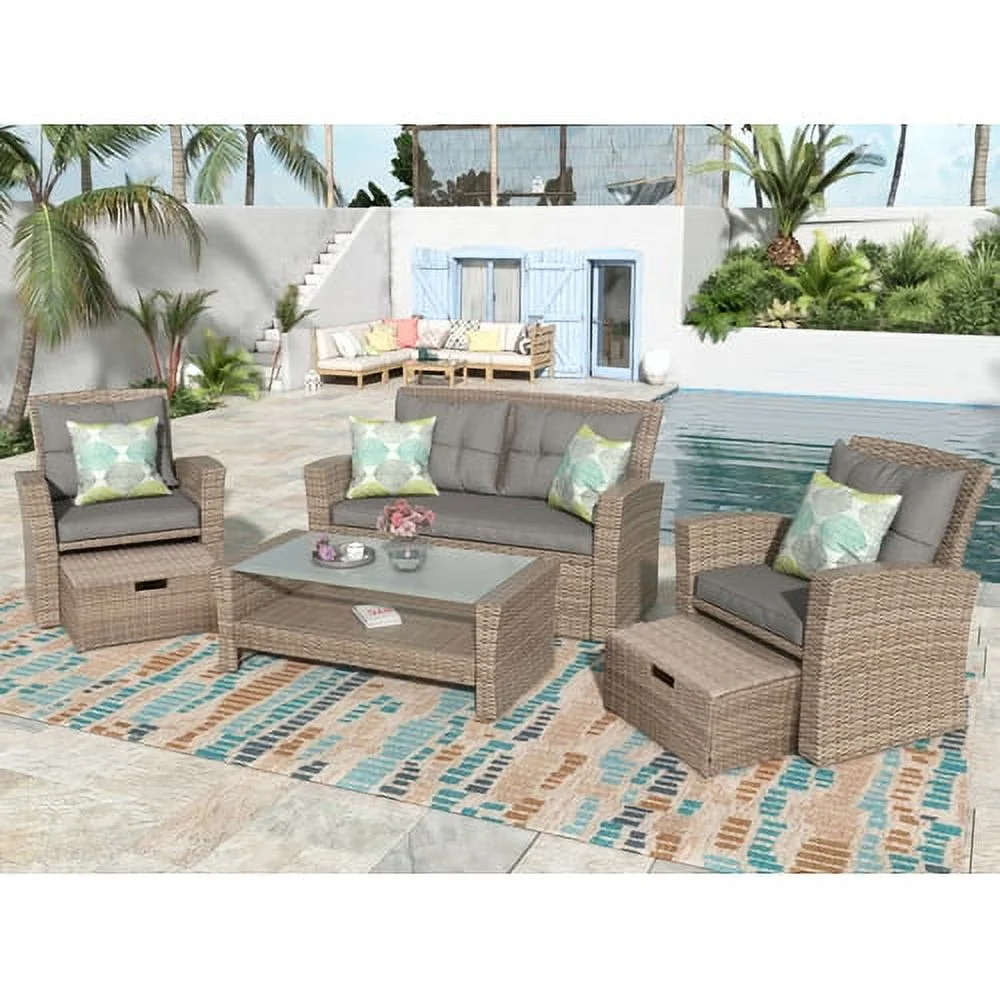 Patio Furniture Set, 4 Piece Outdoor Conversation Set All Weather Wicker Sectional Sofa with Ottoman and Cushions
