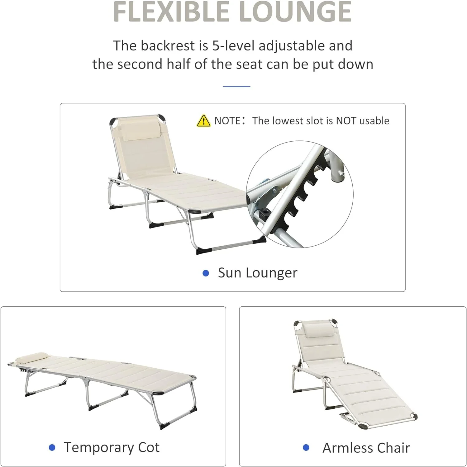Outsunny Foldable Reclining Pool & Beach Chair w/ Pillow, White