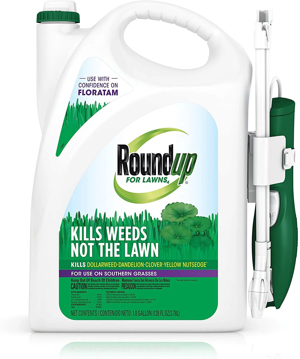 Roundup for Lawns4Ready to Use - for Use on Southern Grasses, for Use on Bluegrass, Fescues, and Perennial Ryegrass, Kills Over 90 Weed Types Including Dandelion, Clover, and Nutsedge, 1 gal.