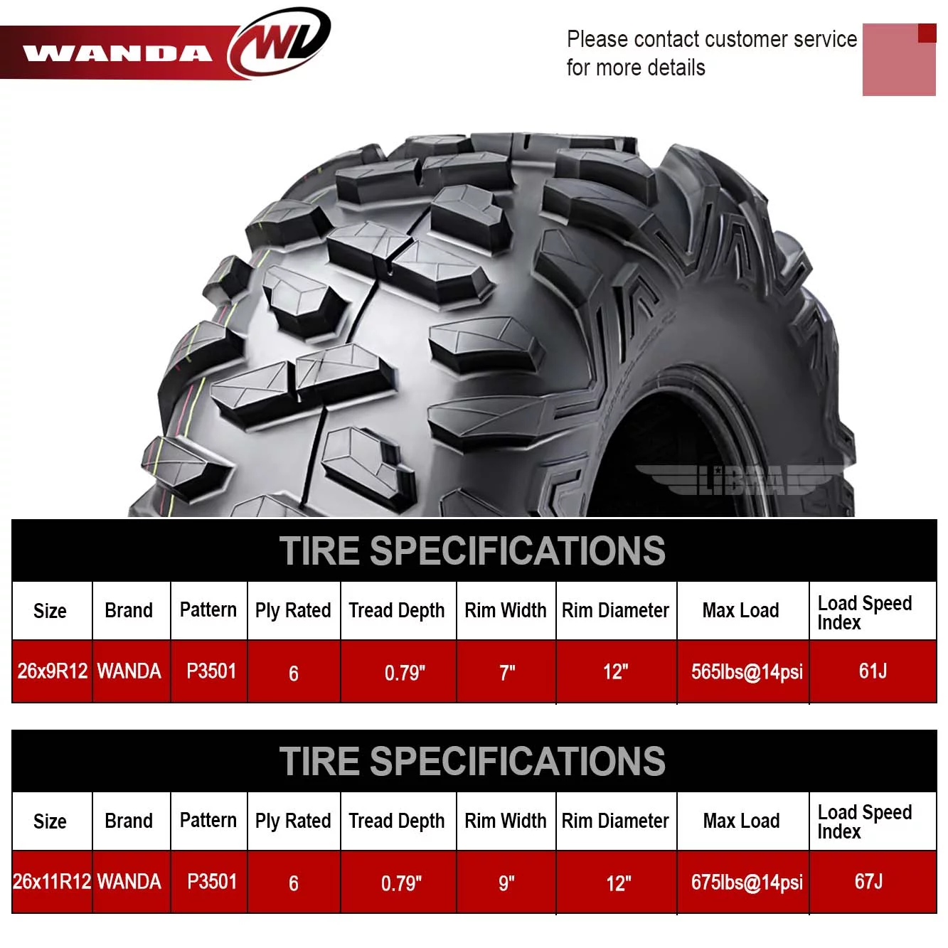 Wanda ATV/UTV Tires 26x9R12 Front & 26x11R12 Rear /6PR P3501 - 10179/10180, Set 4