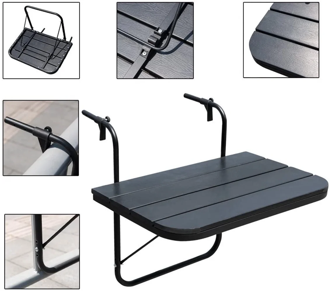 Prime Garden Folding Deck Table Adjustable Balcony Hanging Table, Black