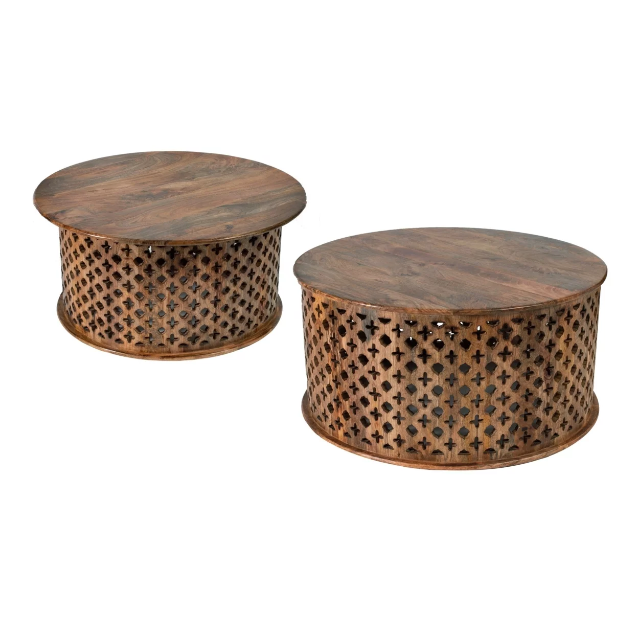 35, 34 Inch Coffee Table Set of 2, Mango Wood Lattice Design, Brown- Saltoro Sherpi