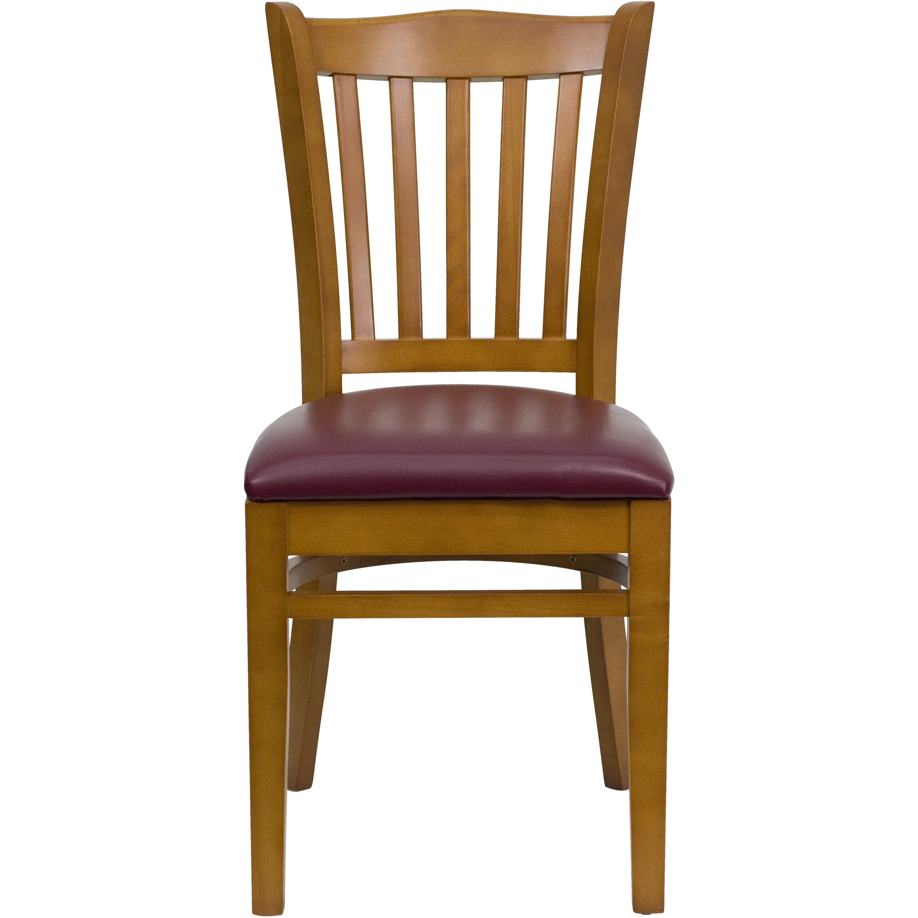 BizChair Vertical Slat Back Cherry Wood Restaurant Chair - Burgundy Vinyl Seat
