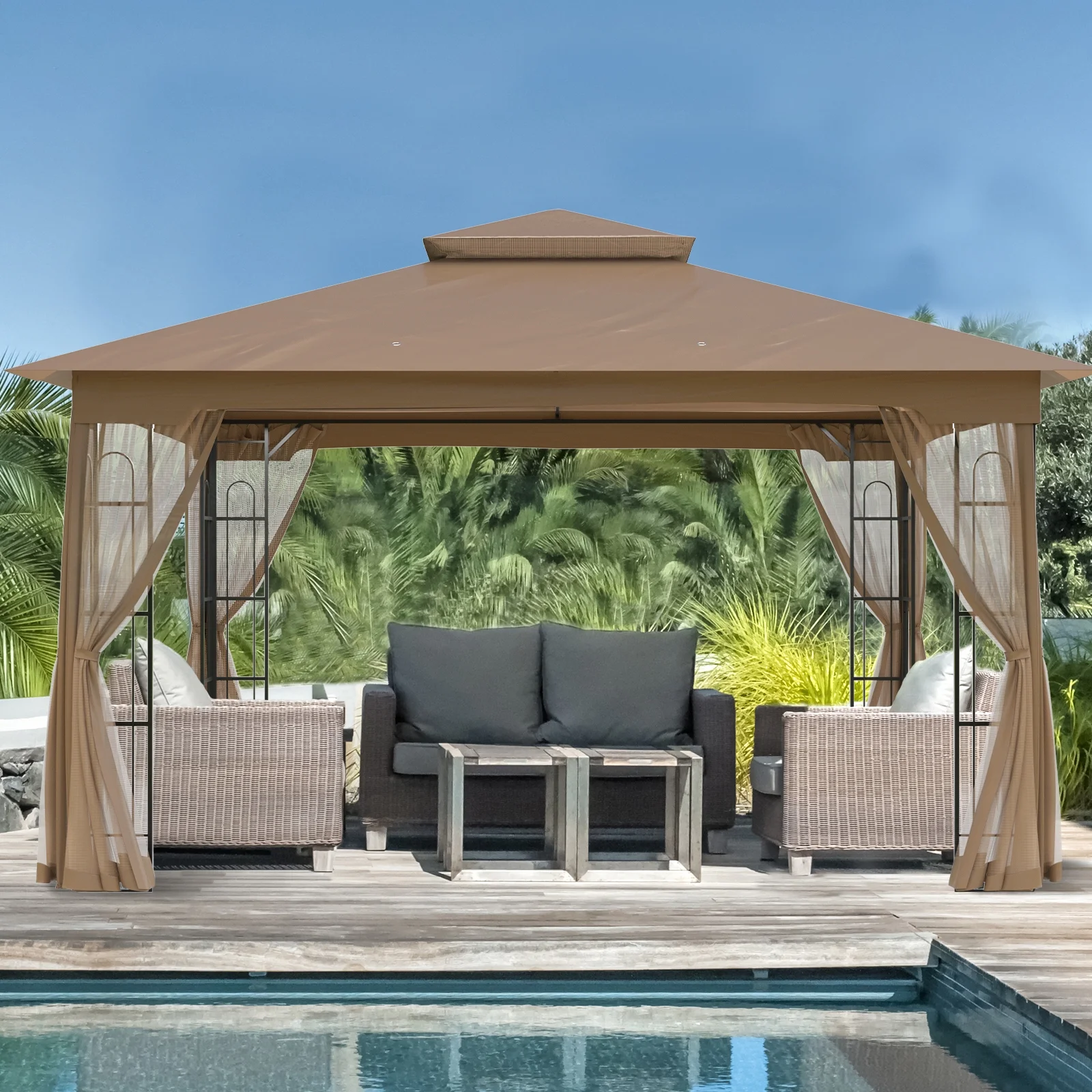 EAGLE PEAK 13 ft. W x 11 ft. D Double Roof Outdoor Patio Gazebo with Mosquito Net,Brown