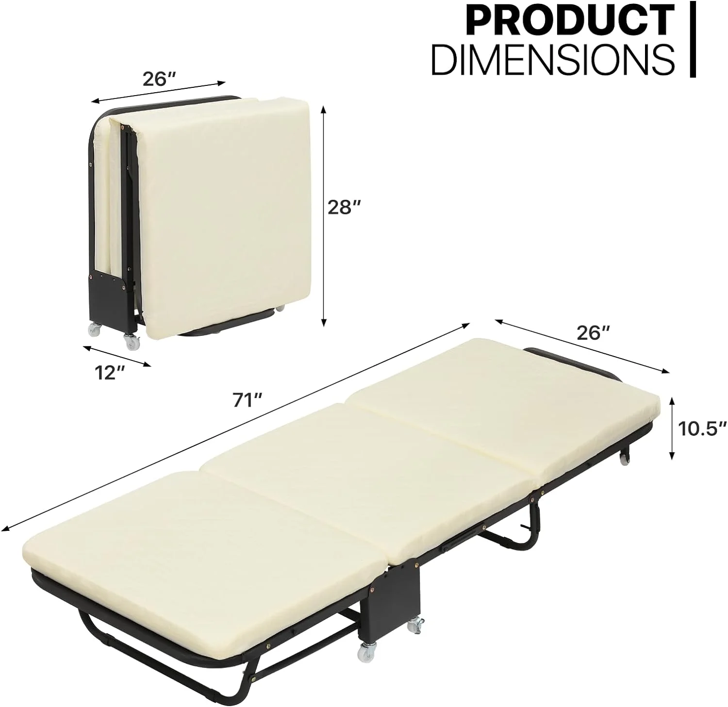 Folding Bed With Mattress, Rollaway Day Bed Cot Size For Adults W/Adjustable 6 Position, Portable Foldable Guest Bed For Home, Steady Frame With Max 660Lbs Load, Easy Storage, White