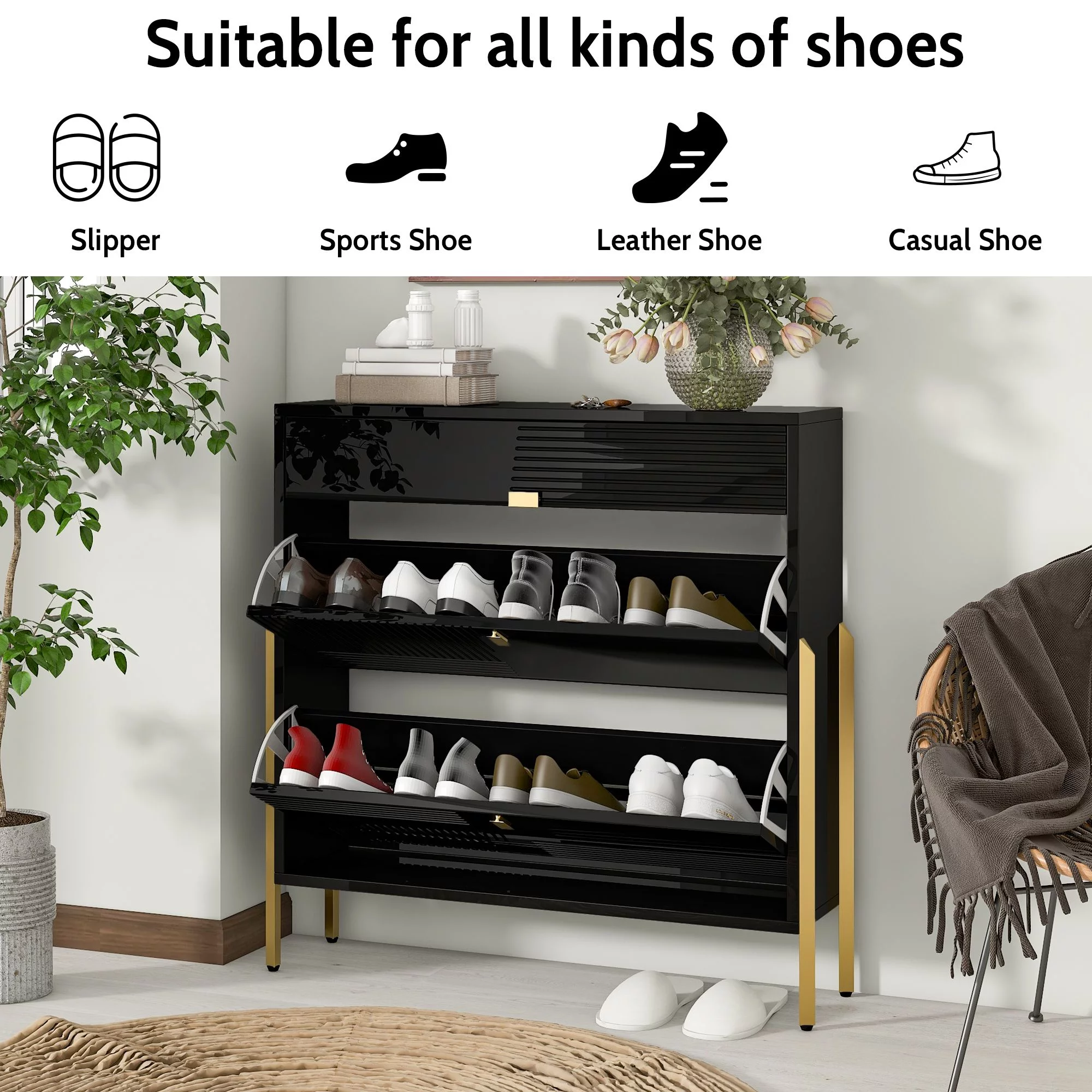 DEALTOPS Modern Shoe Cabinet with Flip Drawers and Metal Legs, Freestanding Wood Shoe Rack for Entryway - Black