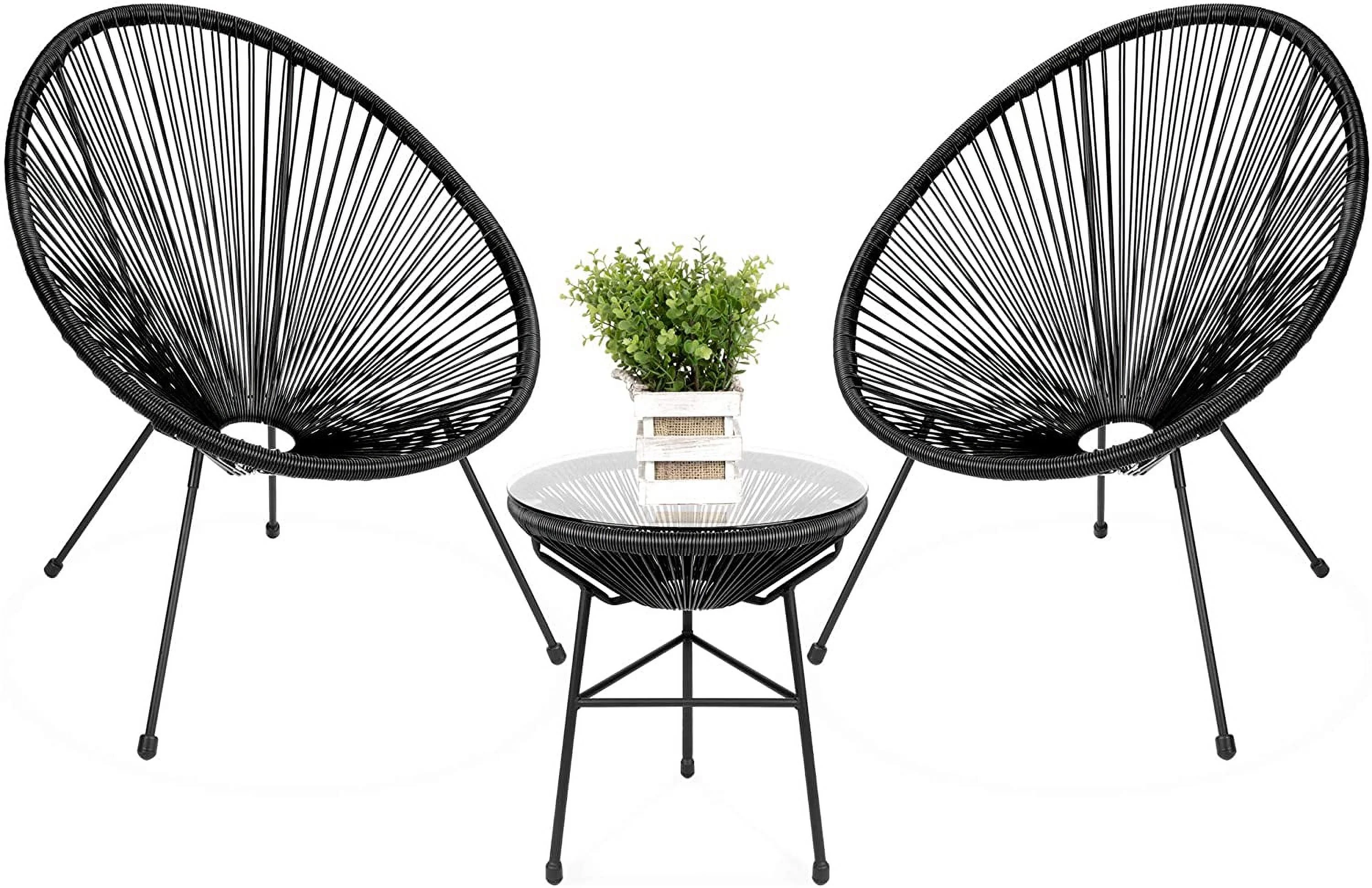 3-Piece Outdoor Acapulco All-Weather S Conversation Bistro Set w/Plastic Rope, Glass Top Table and 2 Chairs - Black