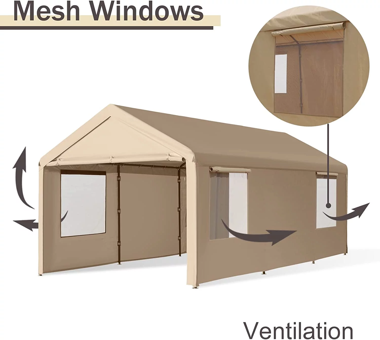 AUCHI Carport, 10'x20' Heavy Duty Carport with Roll-up Ventilated Windows, Portable Garage with Removable Sidewalls & Doors for Car, Truck, Boat, Car Canopy with All-Season Tarp, Beige