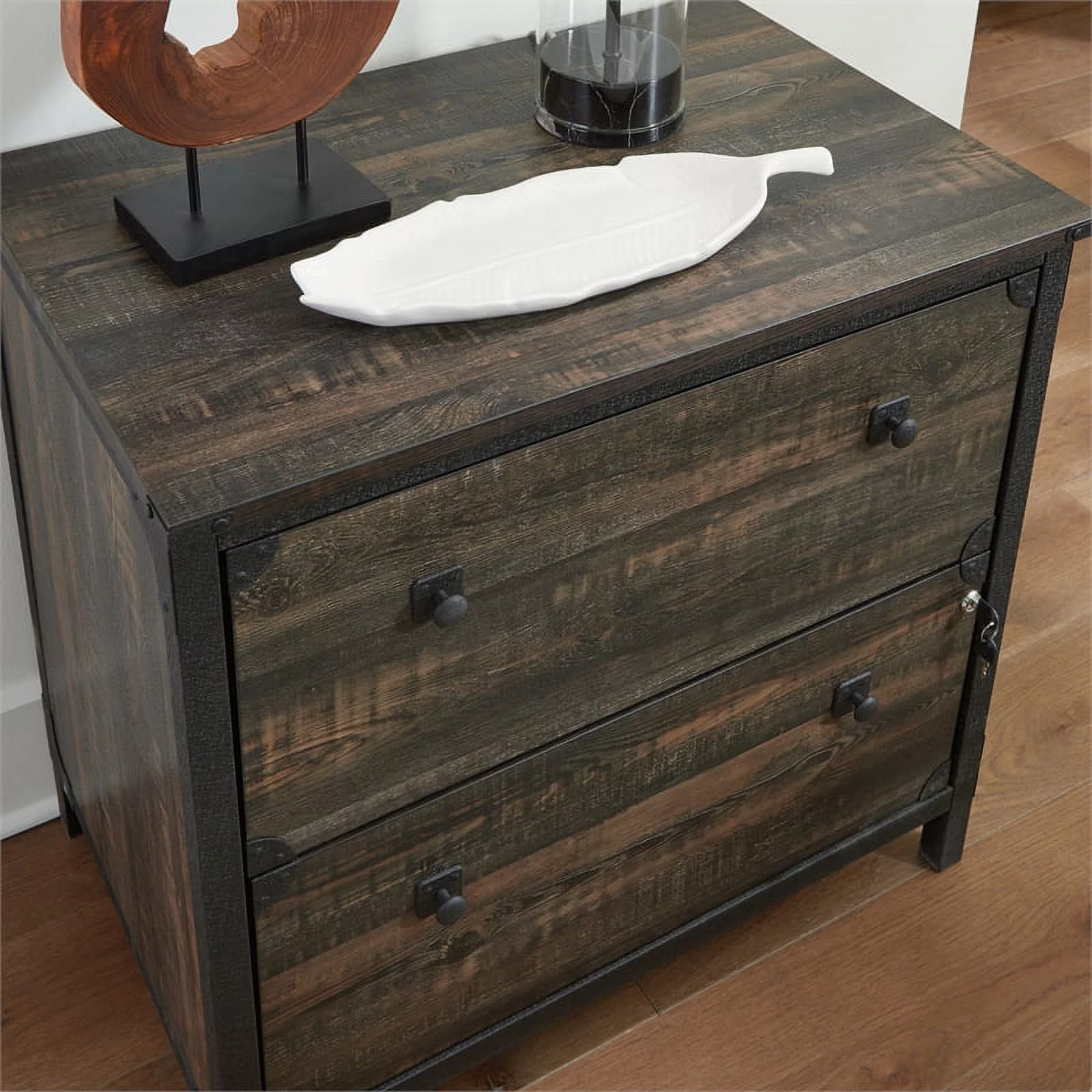 Home Square 2-Piece Set with Lateral File and Library Hutch in Carbon Oak