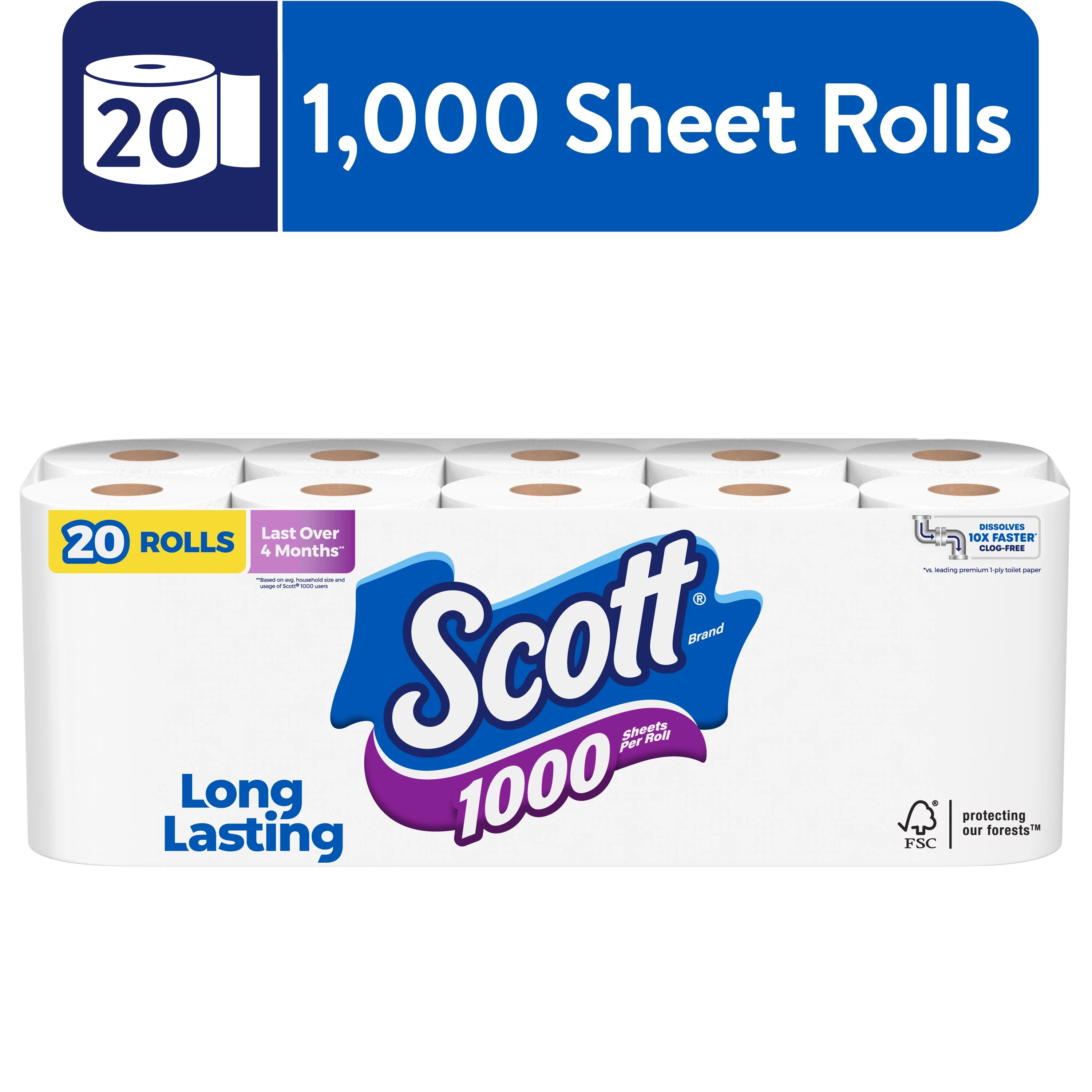 (4 pack) Scott 1000 Toilet Paper, 20 Rolls, 1,000 Sheets Per Roll