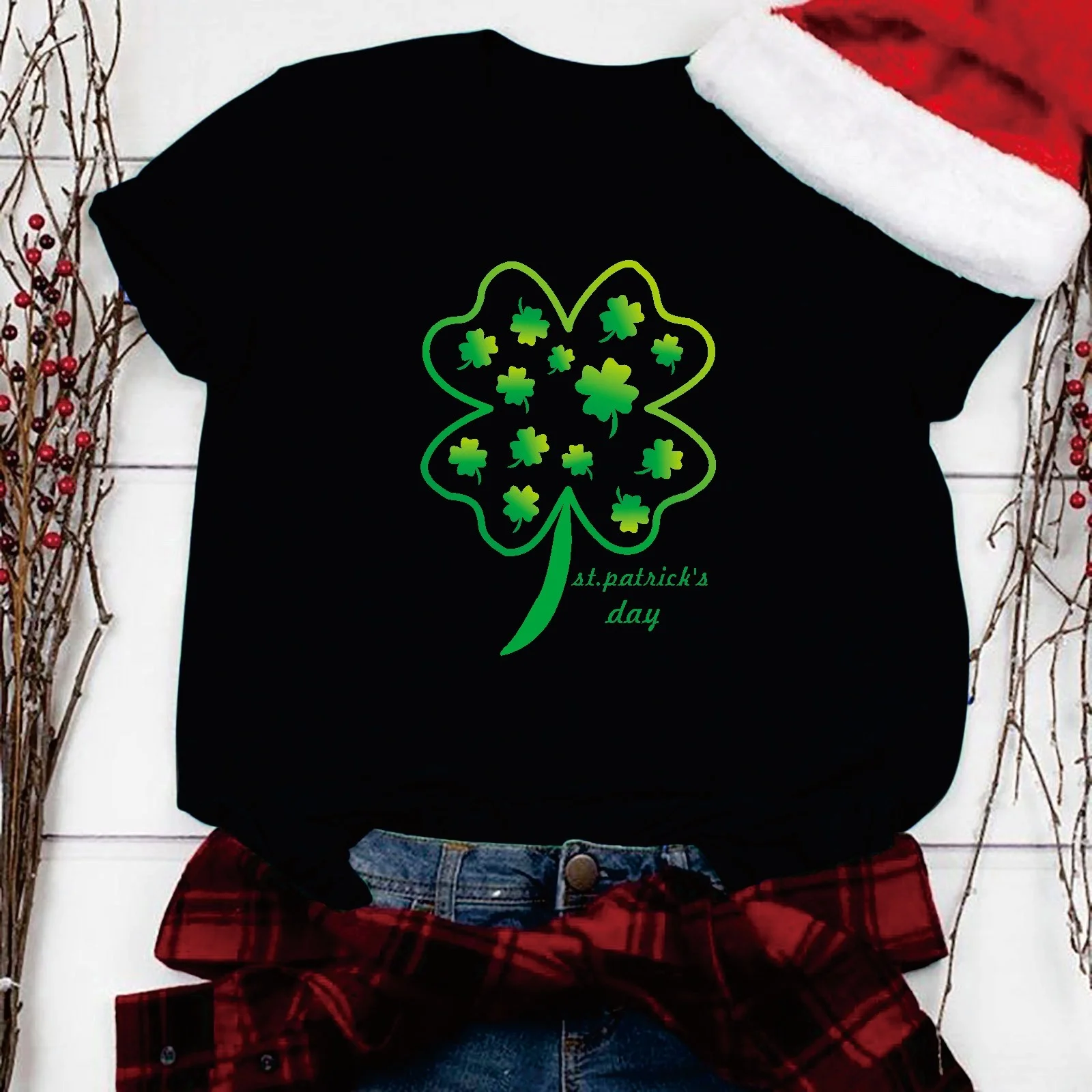 YUHAOTIN Female Spring Tops for Women 2024 Casual Cotton St Day Green Shirts Cute Four Leaf Printed Shirt Graphic Short Sleeve Tops Going Out Tops Flowy Cropped Workout Tops for Women